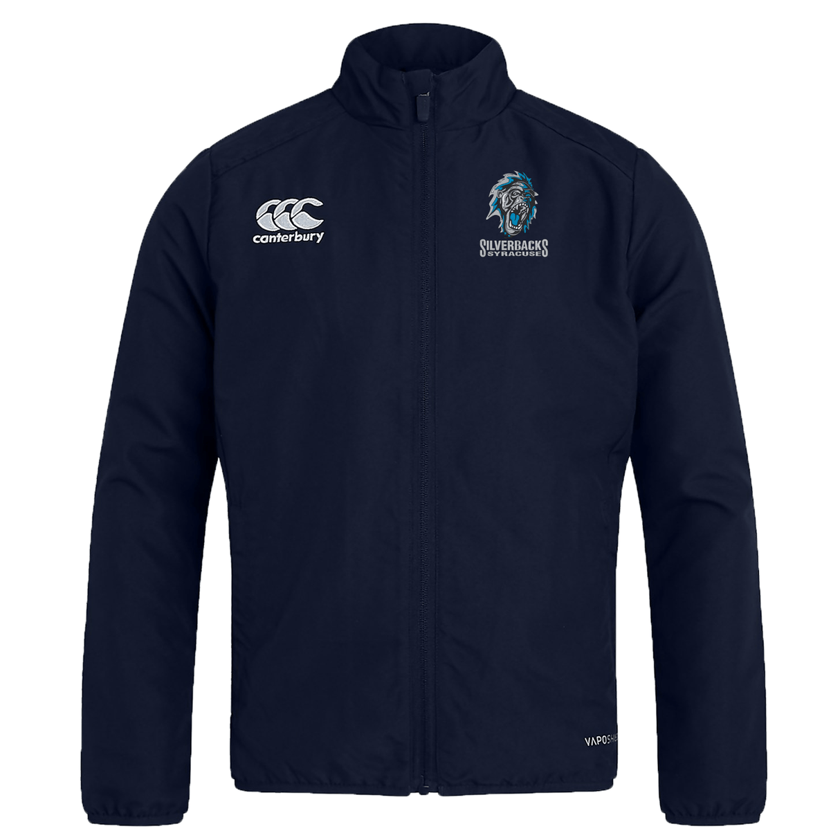 A navy blue Syracuse Silverbacks Club Track Jacket by EMB Canterbury featuring a zip front, a "Silverbacks Wolverhampton" logo on the left chest, and an EMB Canterbury logo on the right chest. This lightweight jacket is also water repellent, perfect for any weather conditions.