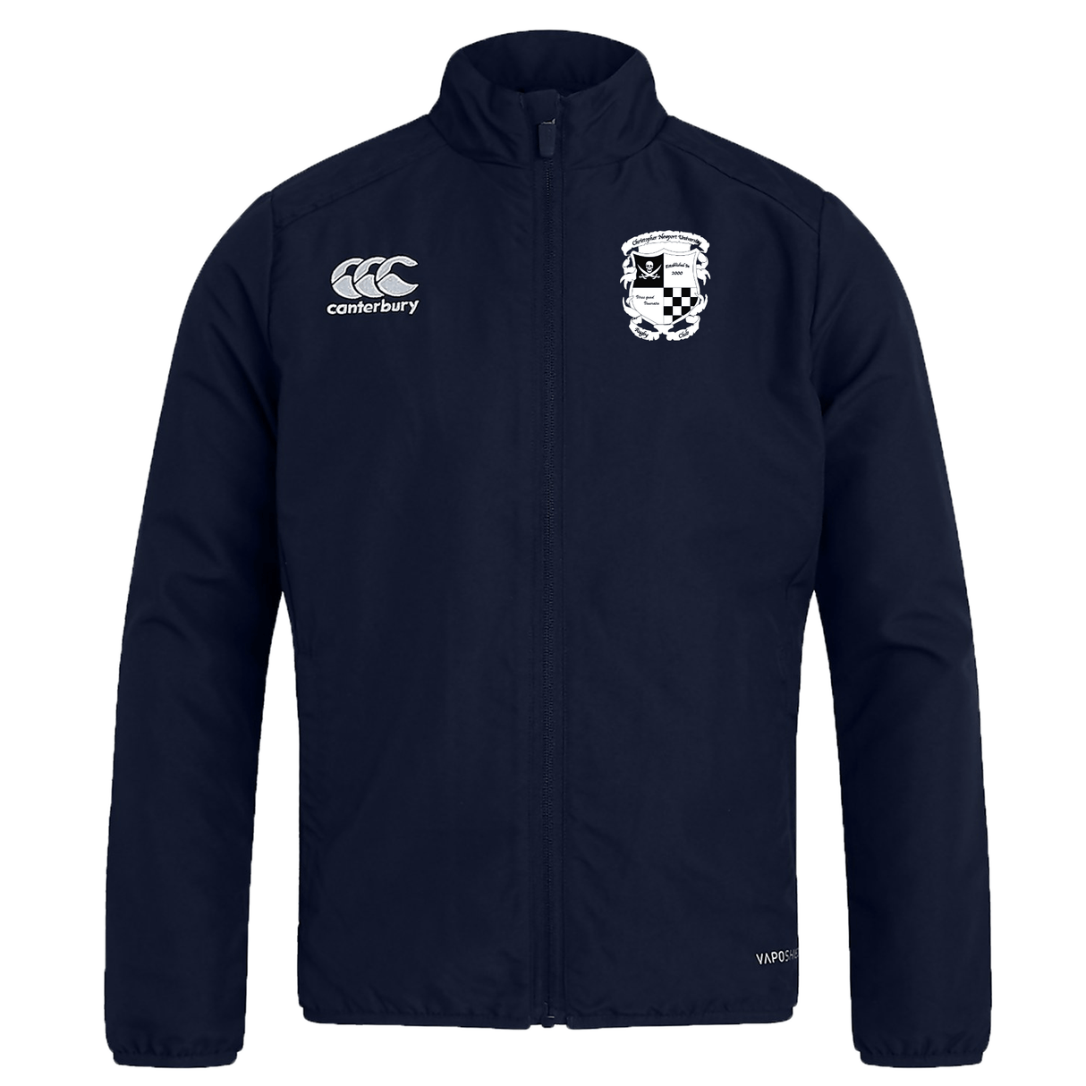 Rugby Football Club at Christopher Newport University club track jacket with a zip front, featuring the EMB Canterbury logo on the right chest and a detailed crest on the left.