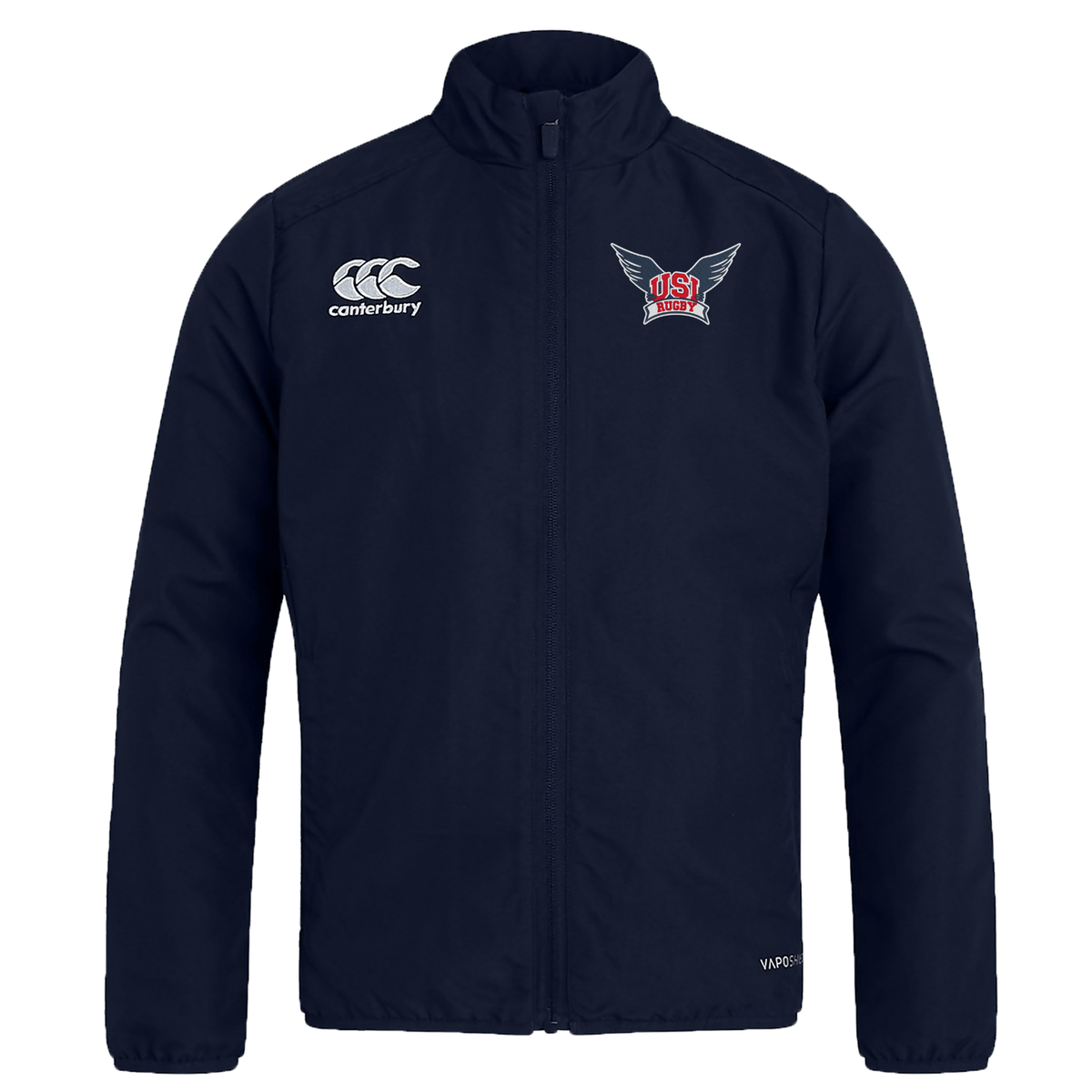 A navy blue University of Southern Indiana Club Track Jacket by Canterbury with a full front zipper, featuring the EMB Canterbury logo on the left chest and a winged USA logo on the right chest. This lightweight jacket is also water repellent, making it perfect for any weather.