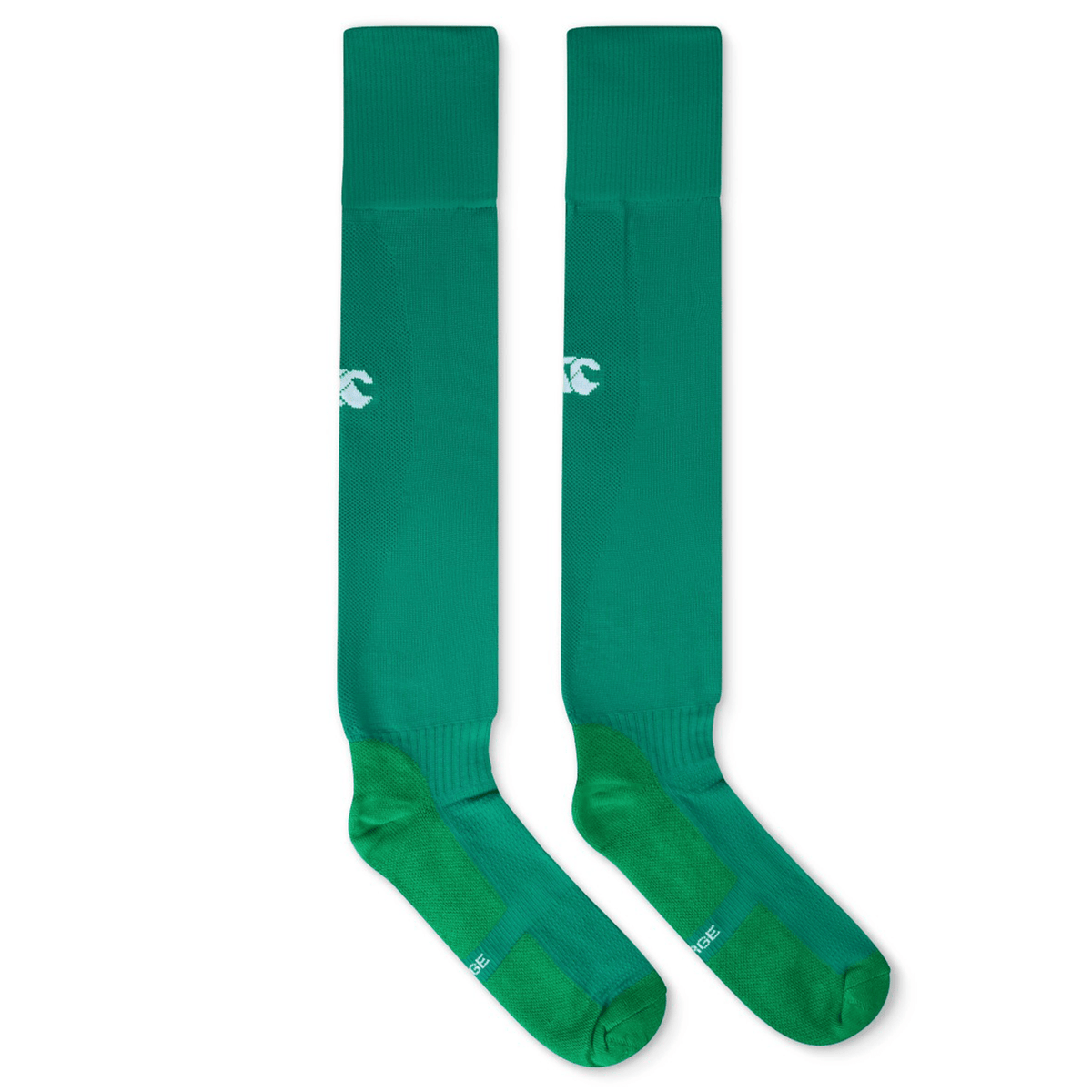 A pair of long, green athletic socks from Canterbury, featuring the Ireland 24 Home Sock logo in white near the top.