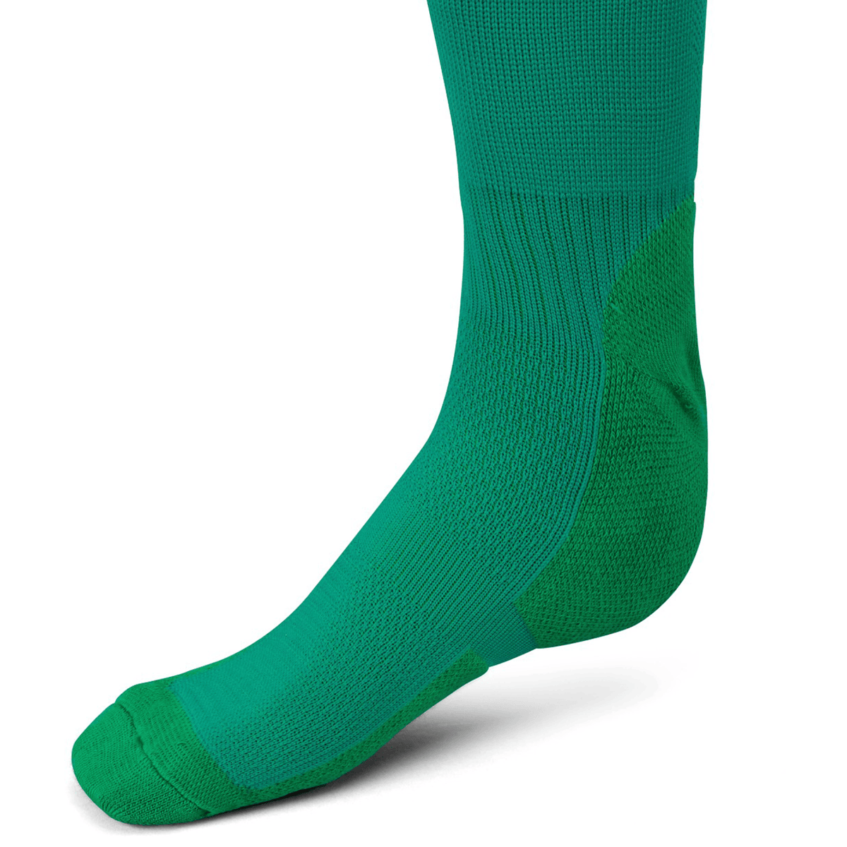 A close-up of the Canterbury Ireland Home Socks worn on a foot, highlighting the side profile and textured rugby performance fabric.