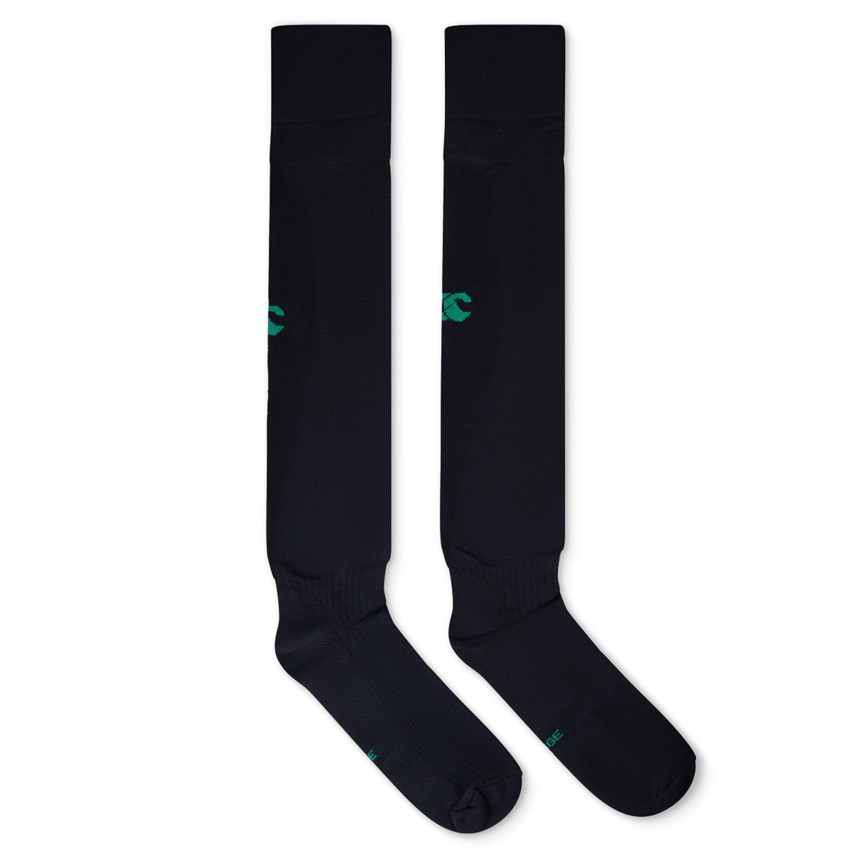 A pair of Ireland Alternate Socks by Canterbury, featuring a long black design with a subtle green logo near the calf, are shown laid flat on a white background.