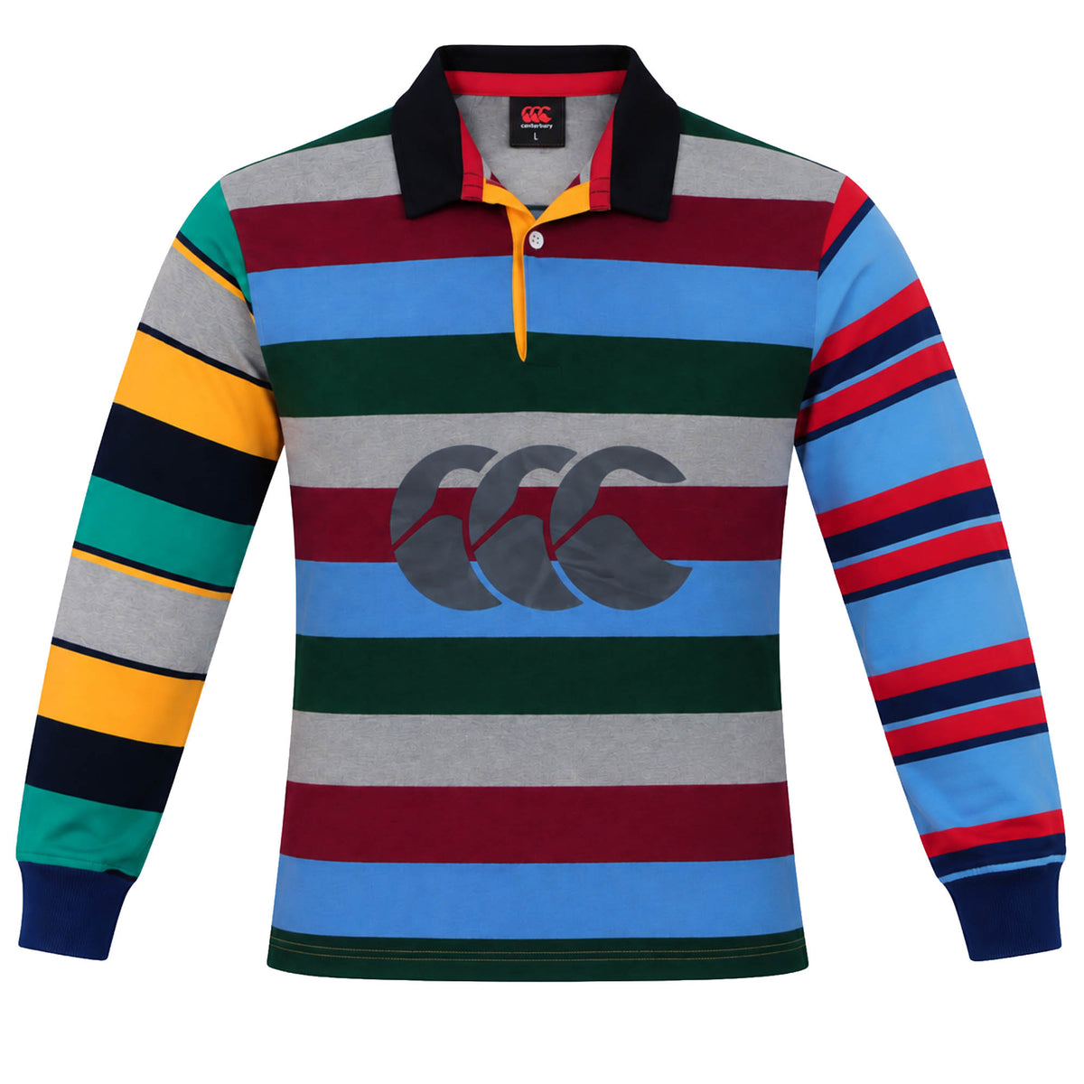 Canterbury Uglies Long Sleeve Rugby Jersey featuring a multi-colored horizontal stripe pattern and a large logo on the chest.