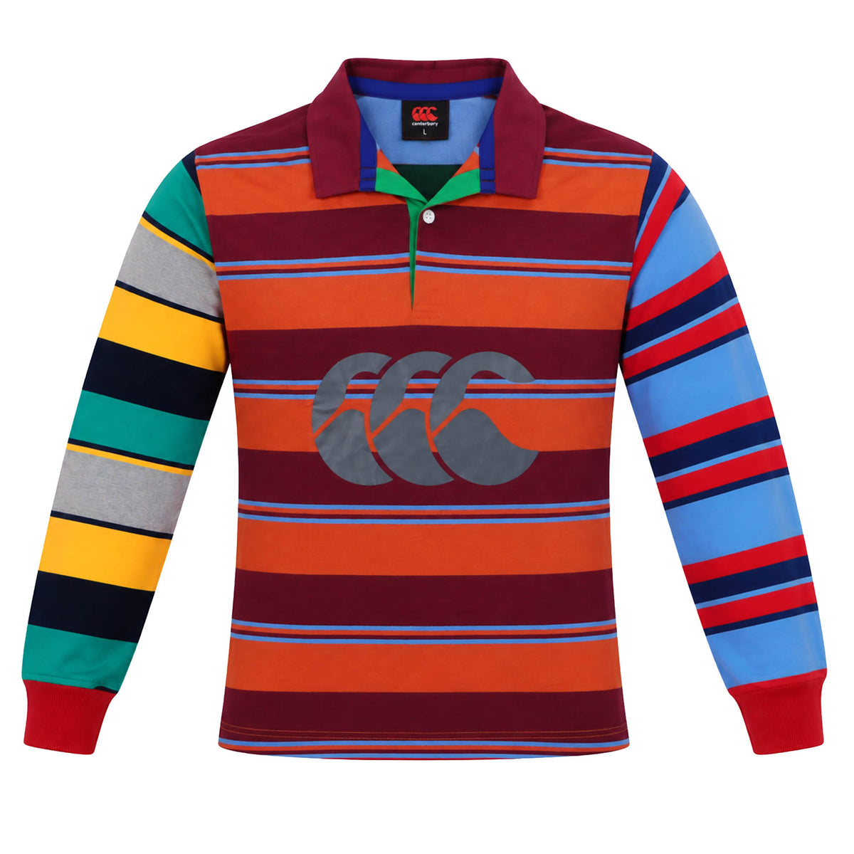 Canterbury Uglies Long Sleeve Rugby Jersey featuring a multi-colored striped pattern and a large logo on the chest.