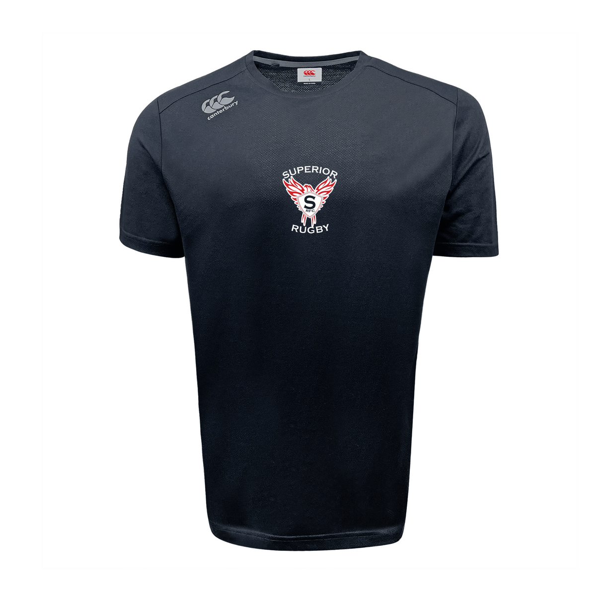 The Superior Rugby Club Tempo Vapodri T-Shirt by WRS Canterbury is a black athletic short-sleeve shirt featuring a "Superior Rugby" chest logo and CCC Canterbury logo, inspired by the Vapodri Tee for top performance.