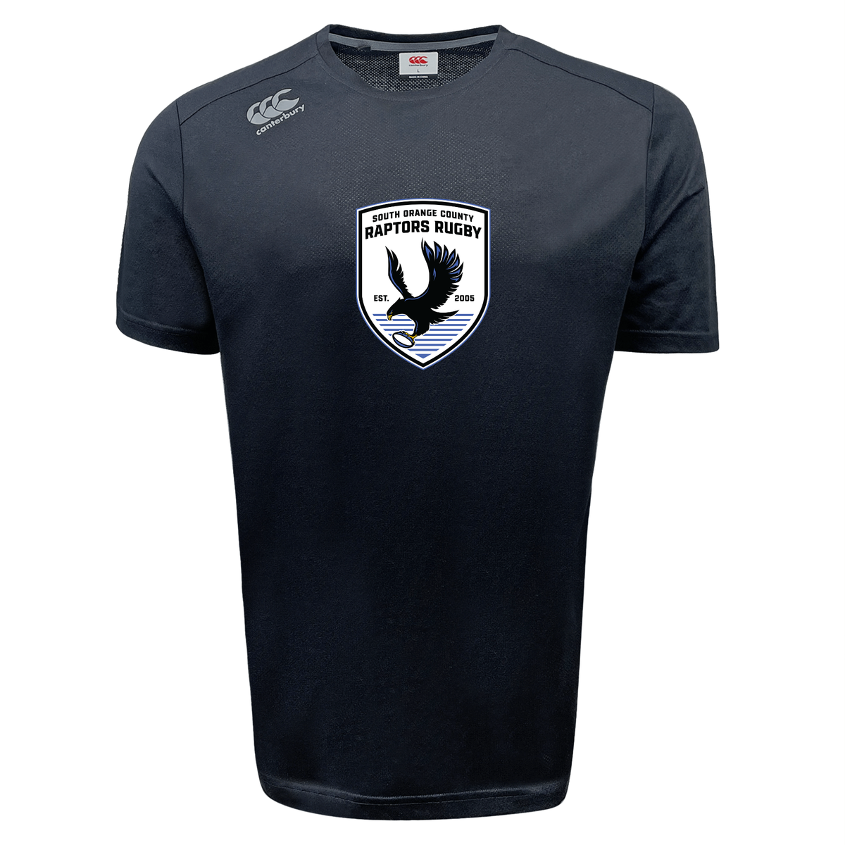 The South Orange County Raptors Tempo Vapodri T-Shirt by Canterbury features a black, short-sleeve design with a bold bird graphic and team logo on the chest in white and gray accents. Made by WRS Canterbury in the signature Vapodri style, this tee offers moisture-wicking properties for improved athletic performance.