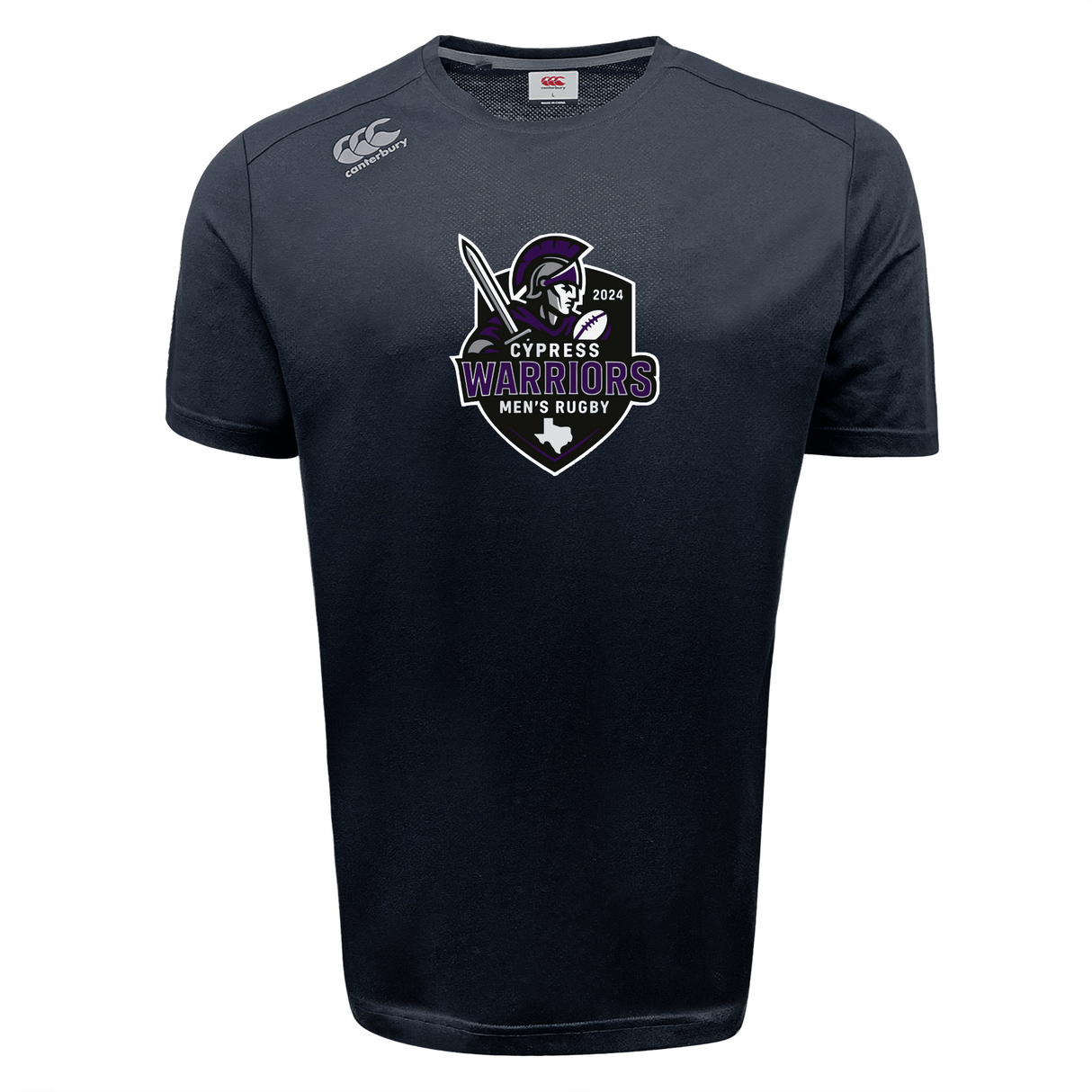 The WRS Canterbury Cypress Warriors Men's Rugby Tempo Vapodri T-Shirt is a black short-sleeve tee featuring a "Cypress Warriors Men's Rugby 2024" logo with a warrior graphic and white Canterbury logo, designed for peak performance.
