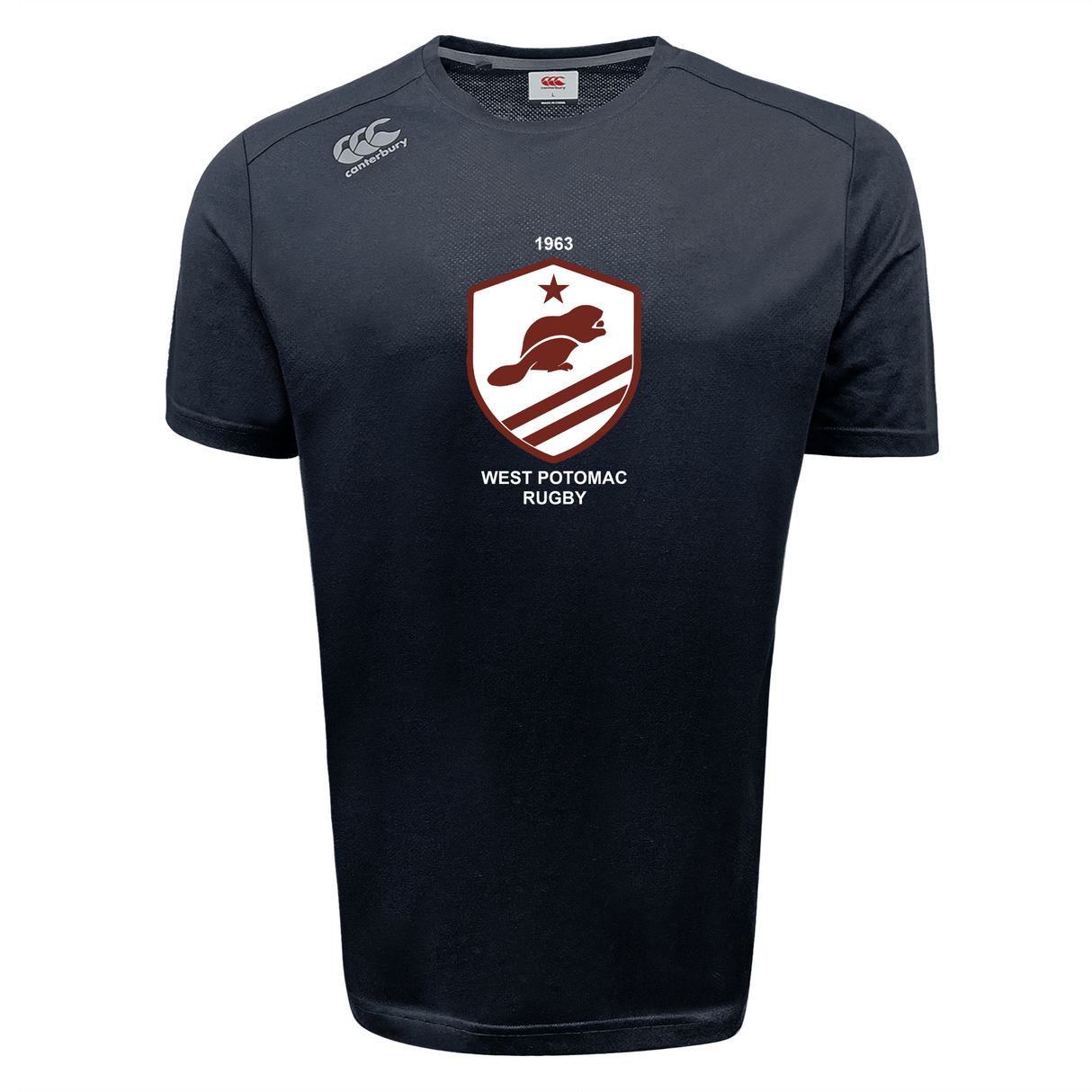 The West Potomac RFC Tempo Vapodri T-Shirt by WRS Canterbury is a black short-sleeve tee featuring a white and maroon "West Potomac Rugby" crest and logo, crafted for athletic performance with moisture-wicking fabric.