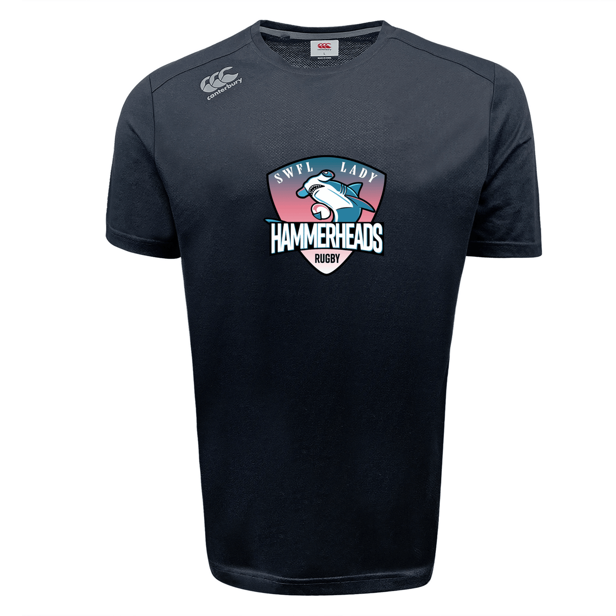 The SWFL Lady Hammerheads Tempo Vapodri T-Shirt by WRS Canterbury is a black short-sleeve sports tee with the team logo and shark on the front, plus a small Canterbury logo on the shoulder for moisture-wicking comfort.