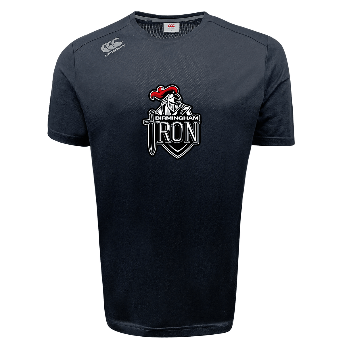 The Birmingham Iron Women’s Football Tempo Vapodri T-Shirt by WRS Canterbury features a moisture-wicking black short-sleeve design and the team logo with knight's helmet and sword on the front. Brand logos are displayed on the shoulders.