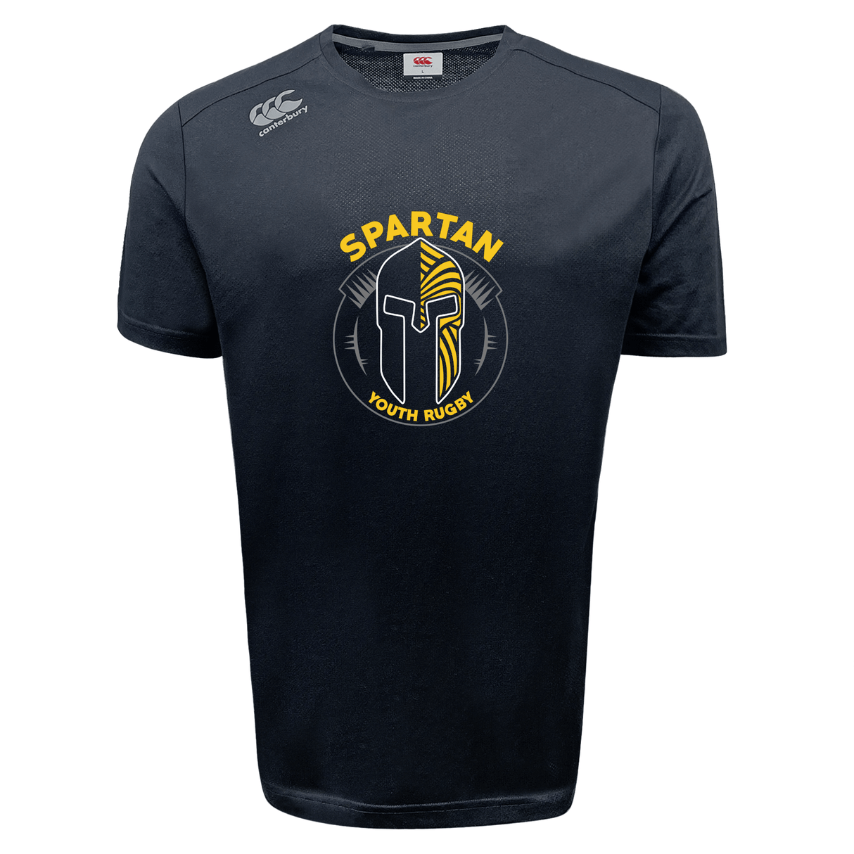 The Spartan Youth Rugby Tempo Vapodri T-Shirt by WRS Canterbury features a Spartan helmet and "SPARTAN YOUTH RUGBY" on the front, with moisture-wicking fabric to keep you cool and comfortable on and off the field.