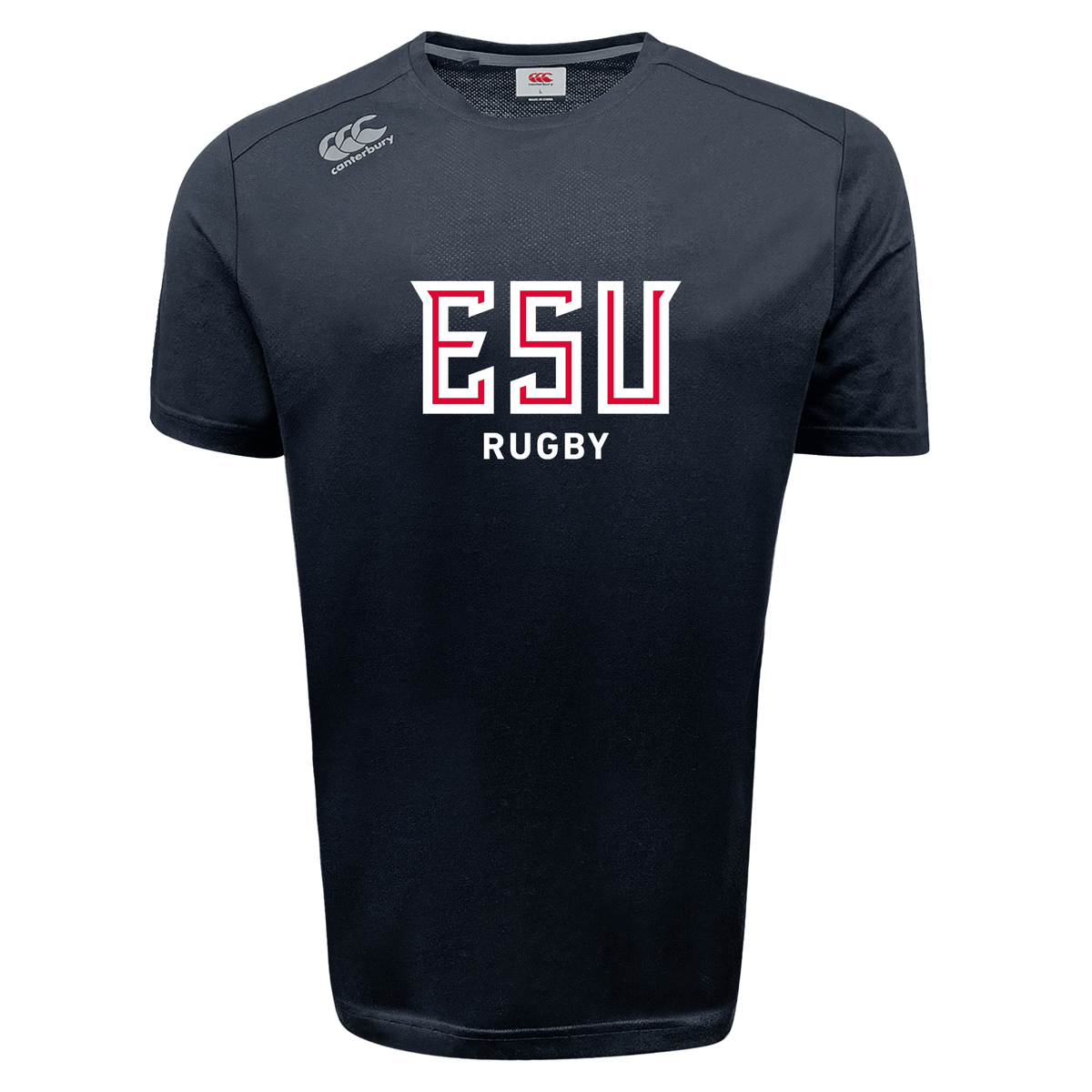 The East Stroudsburg University Tempo Vapodri T-Shirt by WRS Canterbury is a black athletic tee with "ESU RUGBY" in red and white on the chest, plus a Canterbury logo on the right shoulder. Its Vapodri tech keeps you dry and comfortable during intense matches.