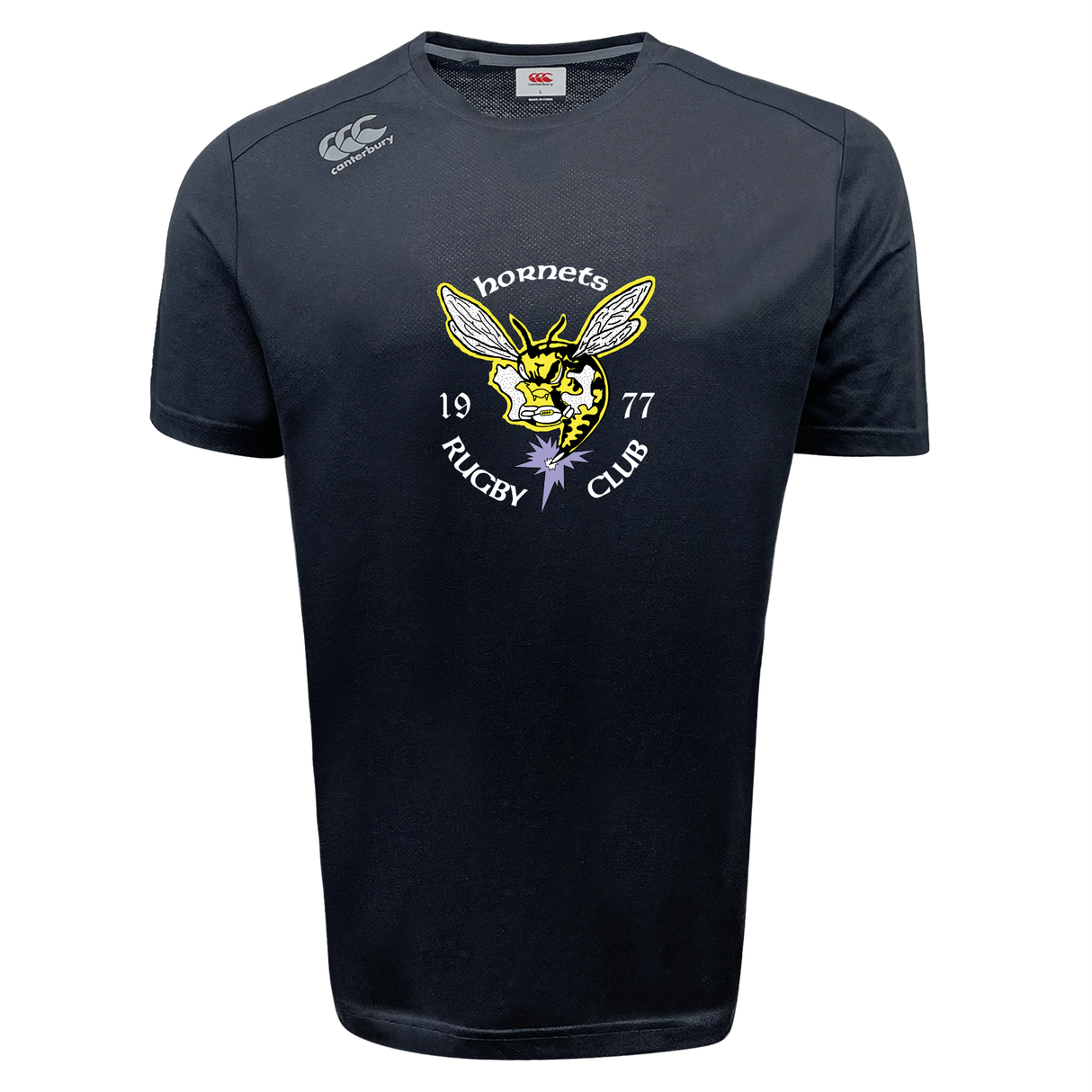 The Hornets Rugby Club 1977 Tempo Vapodri T-Shirt by Canterbury, from WRS Canterbury, is a black short-sleeved athletic tee featuring "hornets rugby club 1977" and a yellow hornet logo on the front. Designed with moisture-wicking Vapodri fabric, this shirt helps keep you cool and dry during performance on the field.