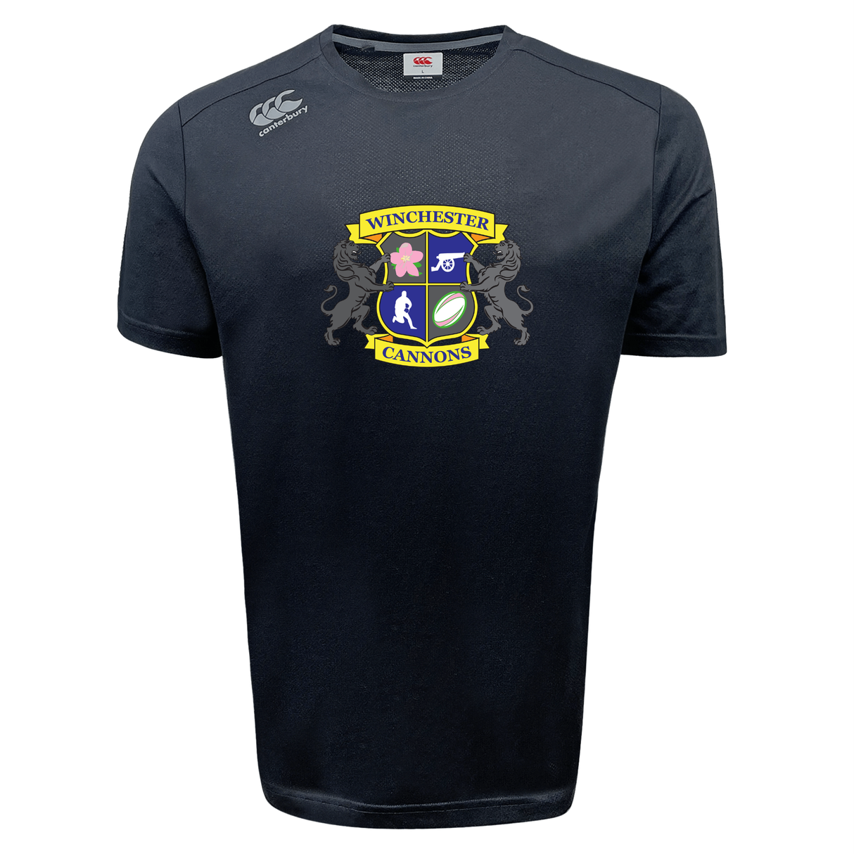 The Winchester Cannons Tempo Vapodri T-Shirt by WRS Canterbury is a black short-sleeve sports tee featuring a colorful club crest on the chest, white Canterbury logo on the right shoulder, and moisture-wicking Vapodri technology.
