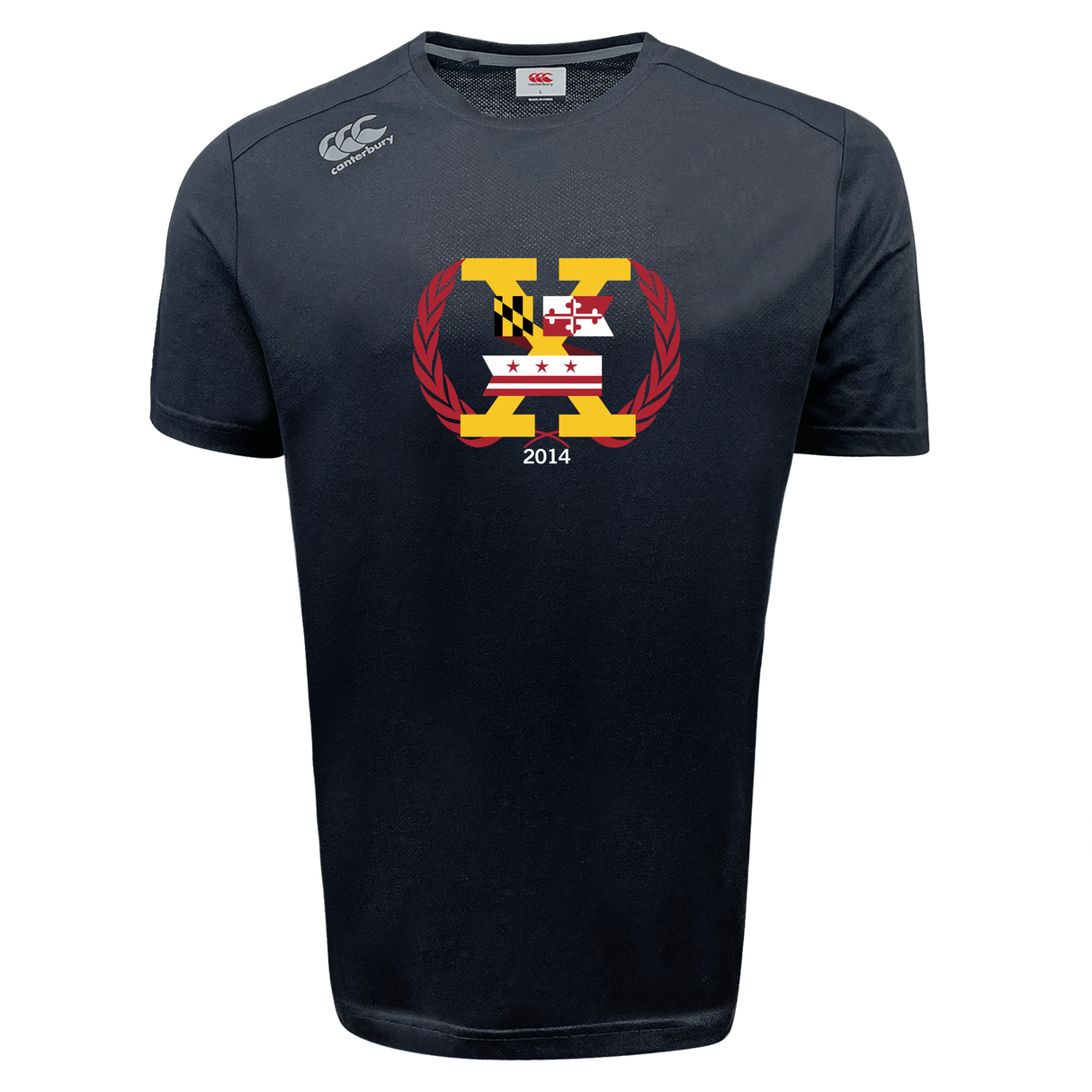The Potomac Exiles Rugby Club Tempo Vapodri T-Shirt by Canterbury, from WRS Canterbury, is a navy blue sports tee featuring a large "X" on the front with Maryland and D.C. flag designs, laurel graphics, and "2014" text underneath. This Vapodri t-shirt includes moisture wicking technology to help keep you cool and comfortable all day.
