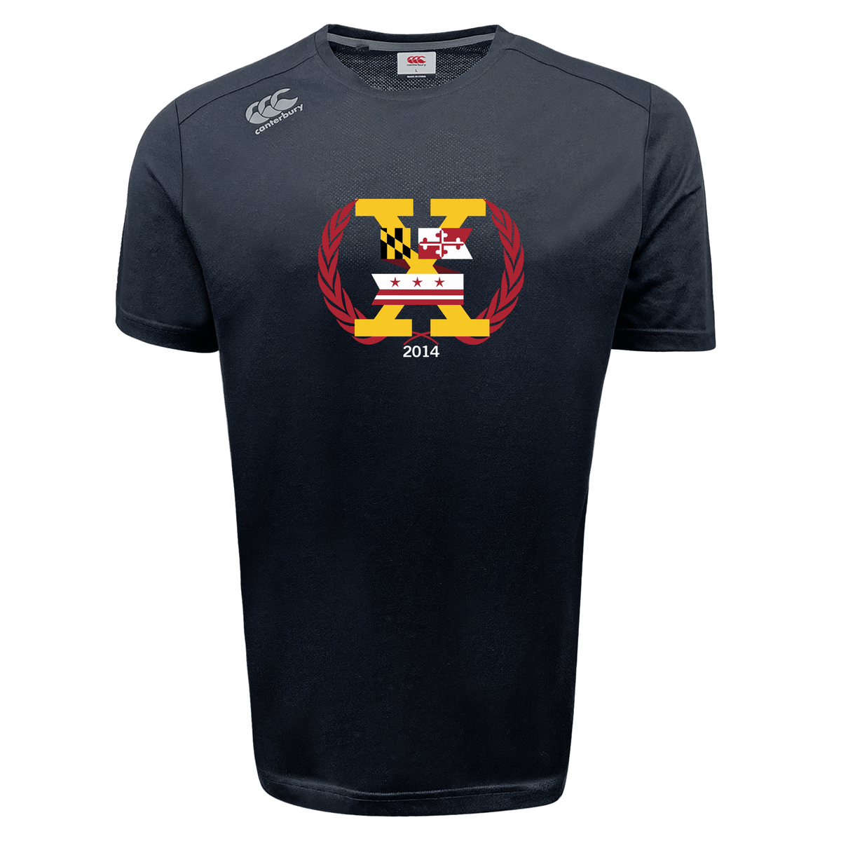The Potomac Exiles Rugby Club Tempo Vapodri T-Shirt by Canterbury, from WRS Canterbury, is a navy blue sports tee featuring a large "X" on the front with Maryland and D.C. flag designs, laurel graphics, and "2014" text underneath. This Vapodri t-shirt includes moisture wicking technology to help keep you cool and comfortable all day.