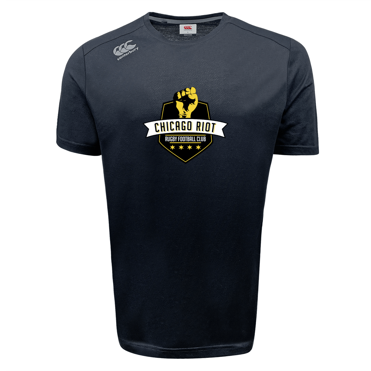 Stay cool on and off the field in the Chicago Riot Tempo Vapodri T-Shirt by WRS Canterbury, a black short-sleeve tee with gold fist and club logo on the chest plus a white Canterbury logo on the shoulder. Moisture-wicking for maximum comfort.