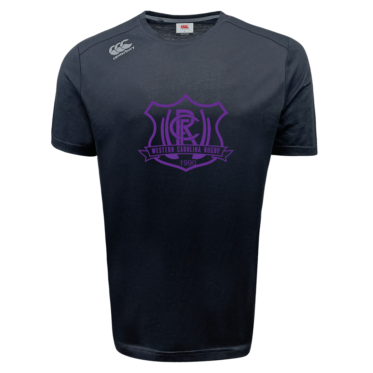 Black Canterbury Western Carolina University Tempo Vapodri T-Shirt featuring a short-sleeved design with a purple Western Carolina Rugby crest on the chest.