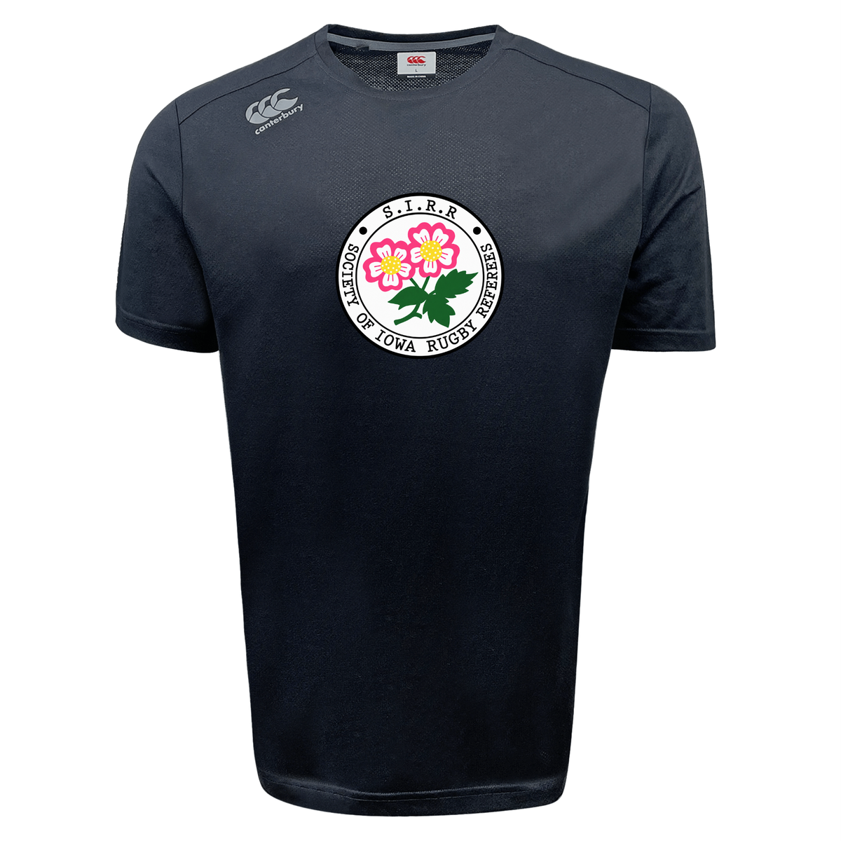 The Society of Iowa Rugby Referees Tempo Vapodri T-Shirt by WRS Canterbury features a black, short-sleeved design with a circular “Society of Iowa Rugby Referees” logo adorned with flowers on the chest and a discreet Canterbury insignia on the shoulder. Styled in the Vapodri tee tradition, this athletic t-shirt delivers moisture-wicking comfort to keep you cool throughout every match.