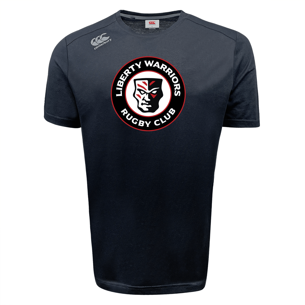 Introducing the Liberty Lake Warriors Tempo Vapodri T-Shirt by WRS Canterbury, a black sports tee adorned with the "Liberty Warriors Rugby Club" logo featuring a central warrior face. This t-shirt is enhanced with VapoDri technology to provide superior moisture-wicking performance.