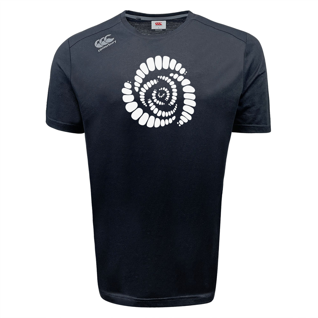The Missoula All-Maggots Tempo Vapodri T-Shirt by WRS Canterbury features a striking white spiral design made of oval shapes across the chest and a small white logo on the right shoulder. Engineered with moisture-wicking Vapodri technology, this performance tee keeps you cool and comfortable during all athletic activities.