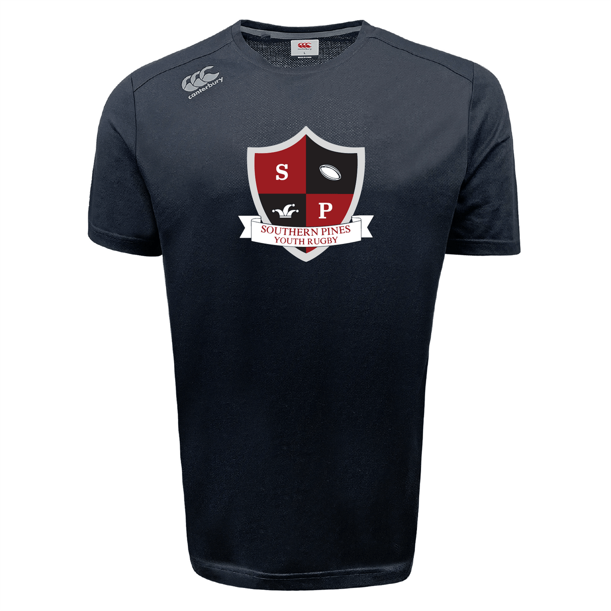 The Southern Pines Youth Rugby Tempo Vapodri T-Shirt by WRS Canterbury is a black rugby shirt with an "SP" and rugby ball design emblem, featuring VapoDri technology for moisture-wicking comfort.
