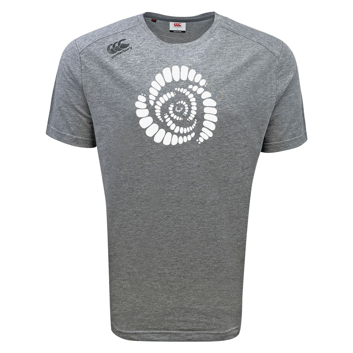 The Missoula All-Maggots Tempo Vapodri T-Shirt by WRS Canterbury features a gray short-sleeve design with a white spiral shell graphic on the chest and a small logo on the left shoulder, crafted in an athletic performance style for comfort and versatility.