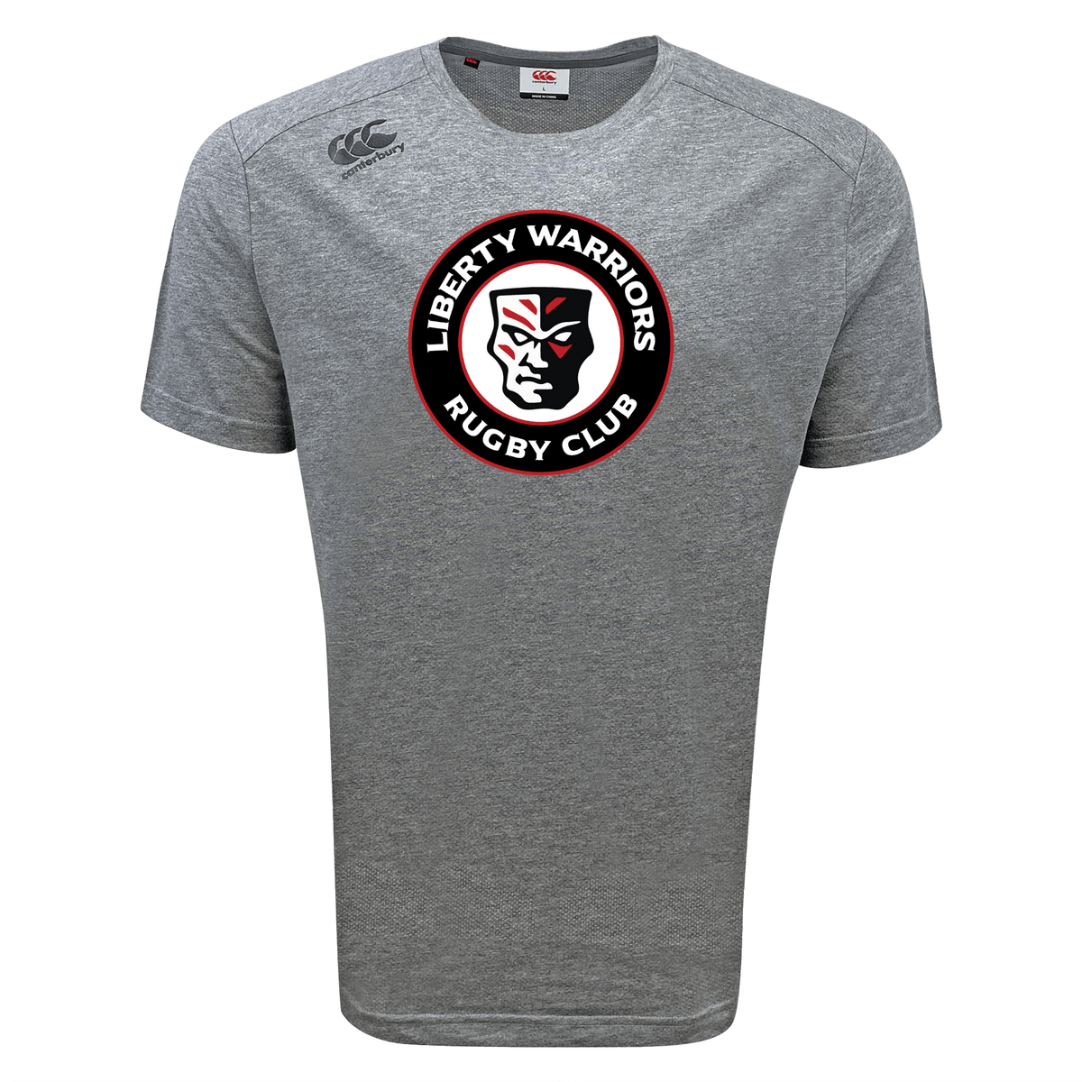 The Liberty Lake Warriors Tempo Vapodri T-Shirt by WRS Canterbury is a gray sports tee adorned with a circular logo that reads "Liberty Warriors Rugby Club" around a stylized warrior face, designed with moisture-wicking VapoDri technology.