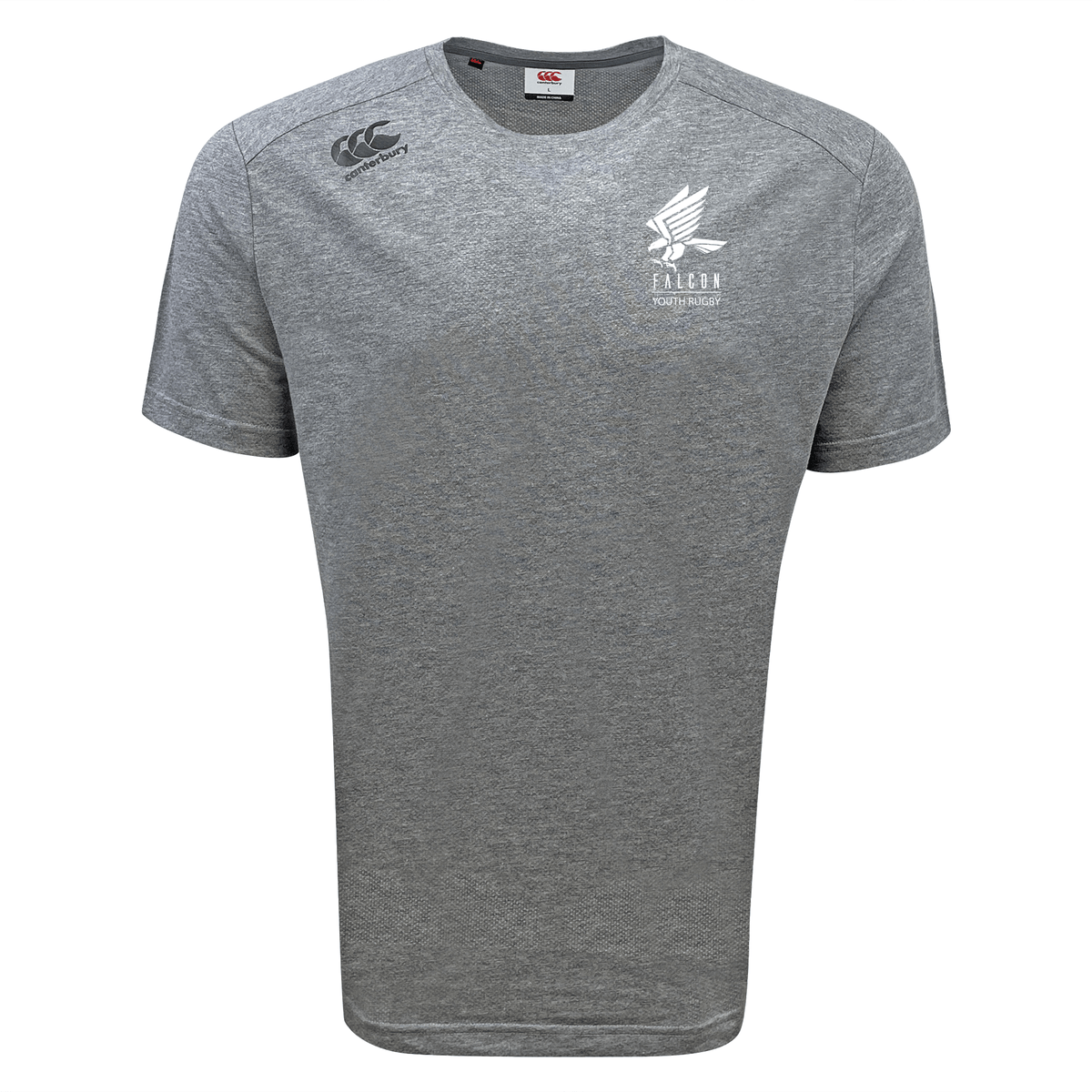 The Falcon Youth Rugby Embroidered Tempo Vapodri T-Shirt by EMB Canterbury is a gray short-sleeve sports tee with a winged logo on the right chest and a Canterbury logo on the left shoulder, featuring VapoDri technology for improved moisture-wicking.