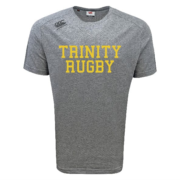 A grey Trinity College Tempo Vapodri T-Shirt by WRS Canterbury features the text "TRINITY RUGBY" in yellow on the front, a small logo on the upper left shoulder, and is enhanced with moisture-wicking VapoDri technology.