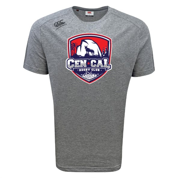 The CenCal Rugby Tempo Vapodri T-Shirt by WRS Canterbury is a gray, moisture-wicking sports tee with a red, white, and blue "Cen Cal Rugby Club" logo featuring a bear and trees on the front.