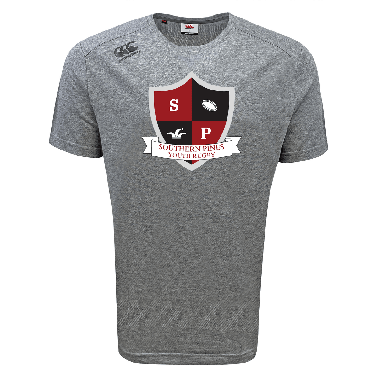 The Southern Pines Youth Rugby Tempo Vapodri T-Shirt by WRS Canterbury features a gray sports tee with a red and black shield displaying "SP" initials and a rugby ball. It's crafted with VapoDri technology for optimal moisture-wicking, ensuring comfort on and off the field.