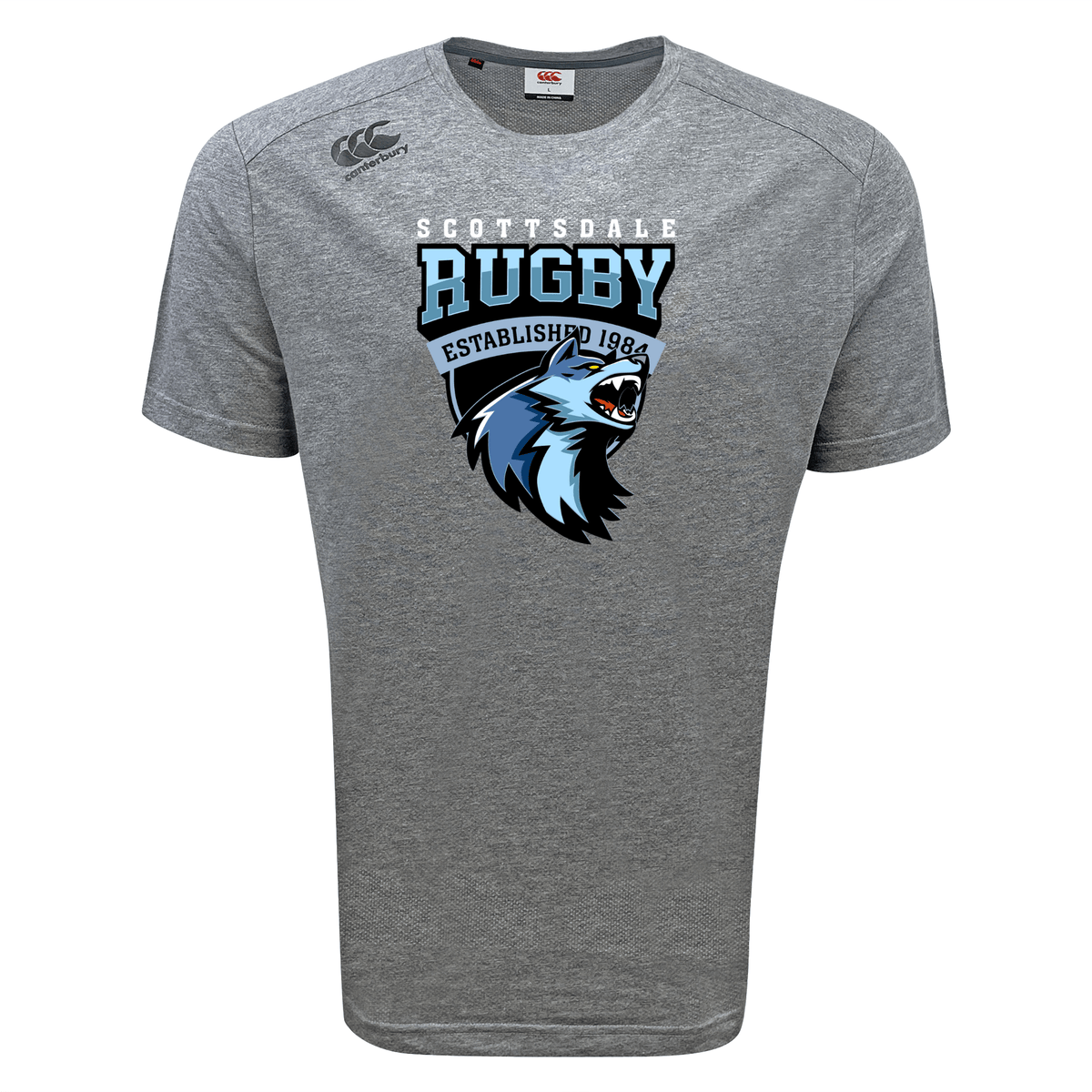 Gray sports tee with "Scottsdale Rugby Tempo Vapodri T-Shirt by WRS Canterbury" and a blue eagle graphic, marked "established 1963" on the front.