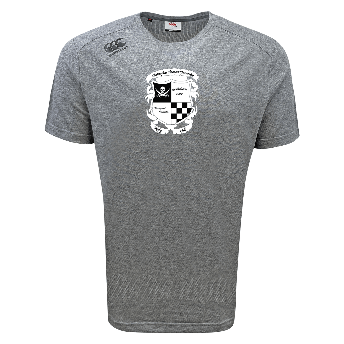 Gray WRS Canterbury Tempo Vapodri T-Shirt with a Rugby Football Club at Christopher Newport University crest and checkered pattern design in the center, paired with a small WRS logo on the left sleeve.
