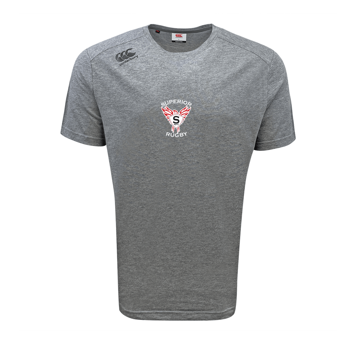 The WRS Canterbury Superior Rugby Club Tempo Vapodri T-Shirt is a grey, short-sleeve athletic tee with "Superior Rugby" and a winged "S" logo on the chest, designed for moisture wicking. Displayed on a plain white background.