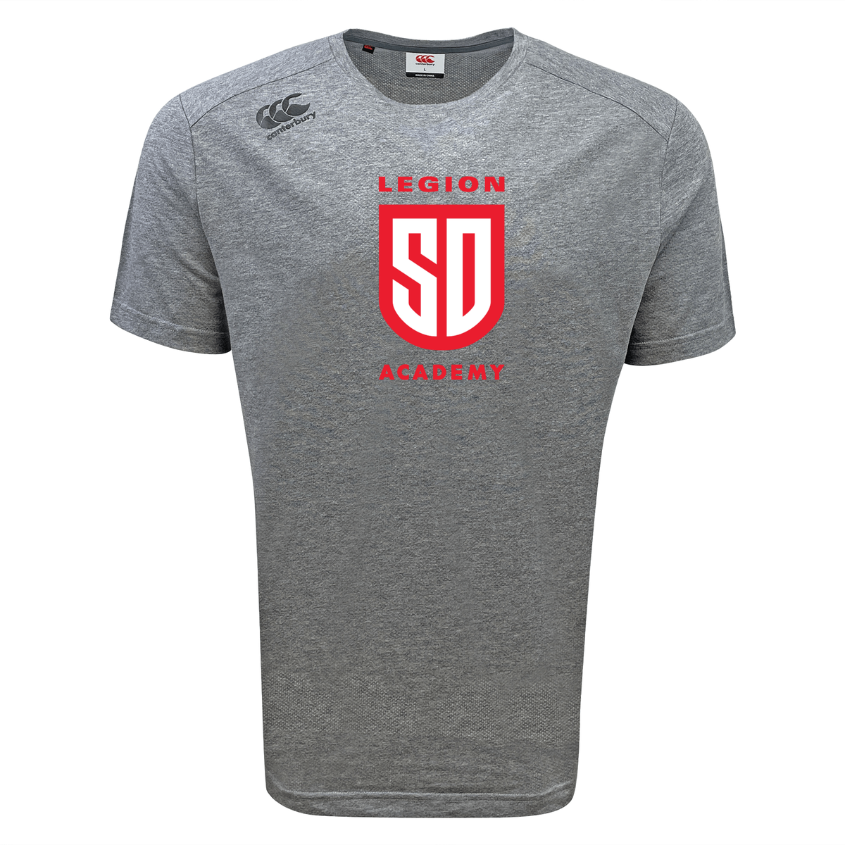 Grey Legion Academy Tempo Vapodri T-Shirt by Canterbury, featuring a moisture-wicking fabric with a red “LEGION ACADEMY” logo and shield graphic on the chest.