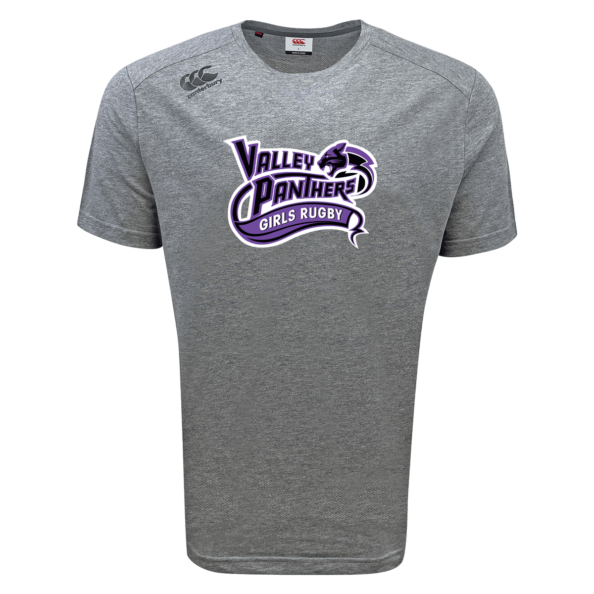 The Valley Panthers Girls Rugby Tempo Vapodri T-Shirt by Canterbury from WRS Canterbury is a gray short-sleeve athletic performance shirt featuring a purple and white “Valley Panthers Girls Rugby” logo with a panther graphic on the chest. Designed with moisture-wicking Vapodri technology, this sports tee keeps you comfortable and dry, making it ideal for intense training sessions or game day.