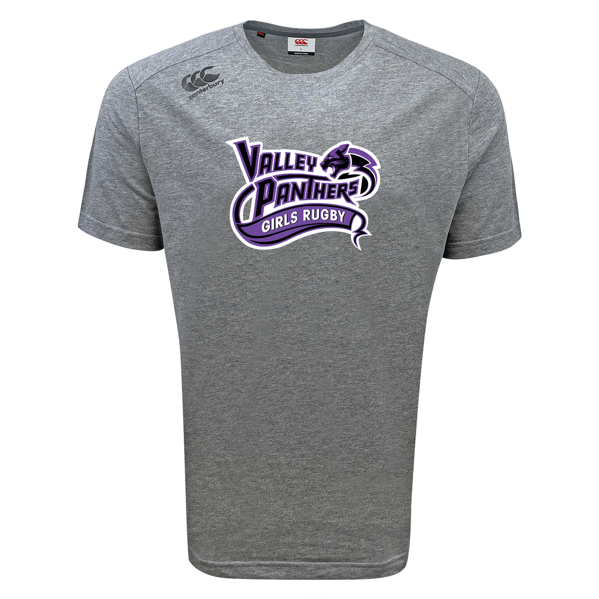 The Valley Panthers Girls Rugby Tempo Vapodri T-Shirt by Canterbury from WRS Canterbury is a gray short-sleeve athletic performance shirt featuring a purple and white “Valley Panthers Girls Rugby” logo with a panther graphic on the chest. Designed with moisture-wicking Vapodri technology, this sports tee keeps you comfortable and dry, making it ideal for intense training sessions or game day.