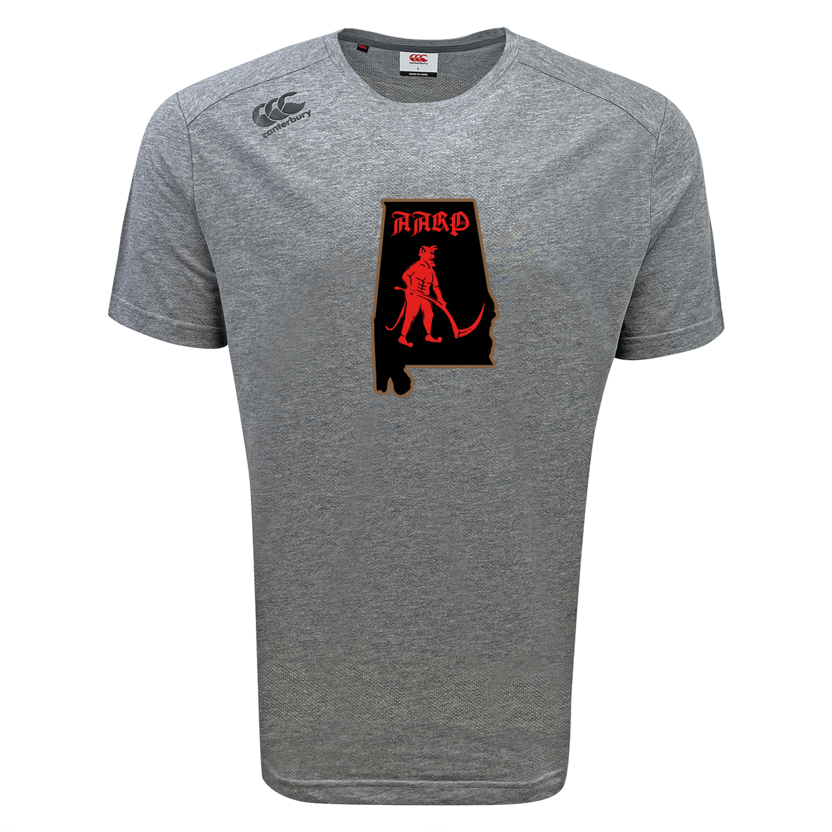 Grey Aging Alabama Rugby Players Tempo Vapodri T-Shirt by Canterbury featuring a graphic of the state of Alabama with a red devil and the text “HARD” on the front.