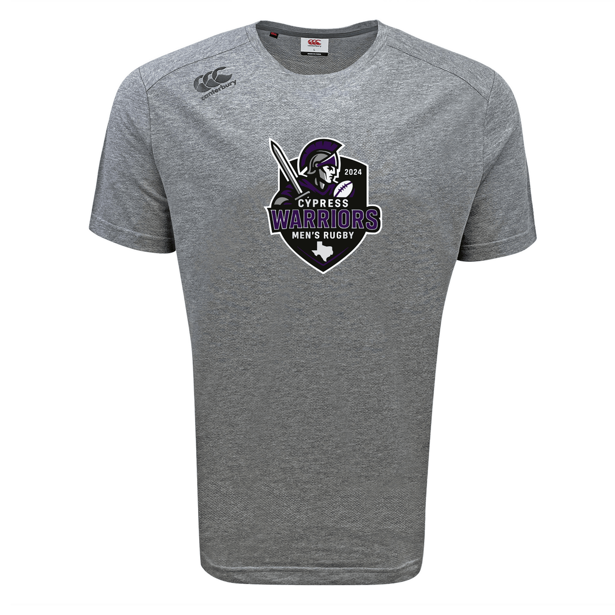 The WRS Canterbury Cypress Warriors Men's Rugby Tempo Vapodri T-Shirt features a gray short-sleeve design with the “Cypress Warriors Men’s Rugby 2024” logo and a helmeted warrior with sword graphic, blending athletic performance and style.