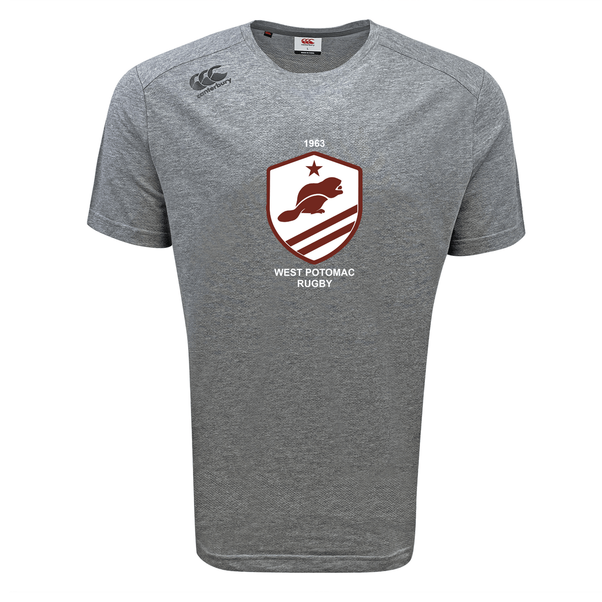 The West Potomac RFC Tempo Vapodri T-Shirt by WRS Canterbury features a gray athletic design, "West Potomac Rugby" crest with beaver, star, stripes, 1963 detail, and a classic Canterbury logo on the right shoulder.