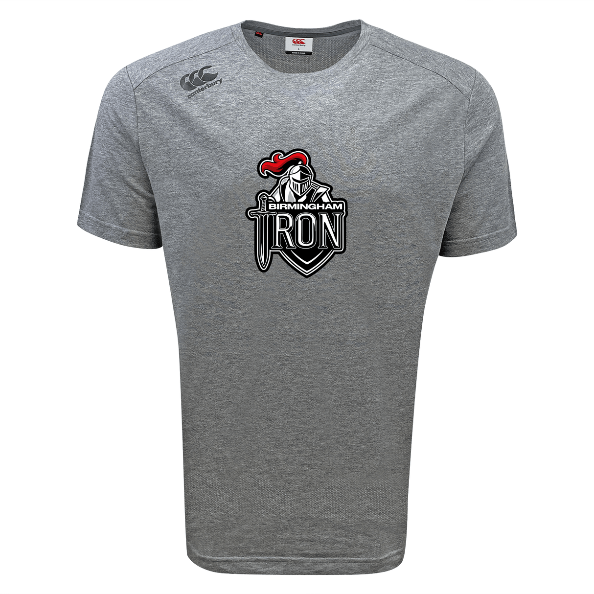 Stay cool in the Birmingham Iron Women's Football Tempo Vapodri T-Shirt by WRS Canterbury, featuring a moisture-wicking gray design and front-center logo with knight and sword.