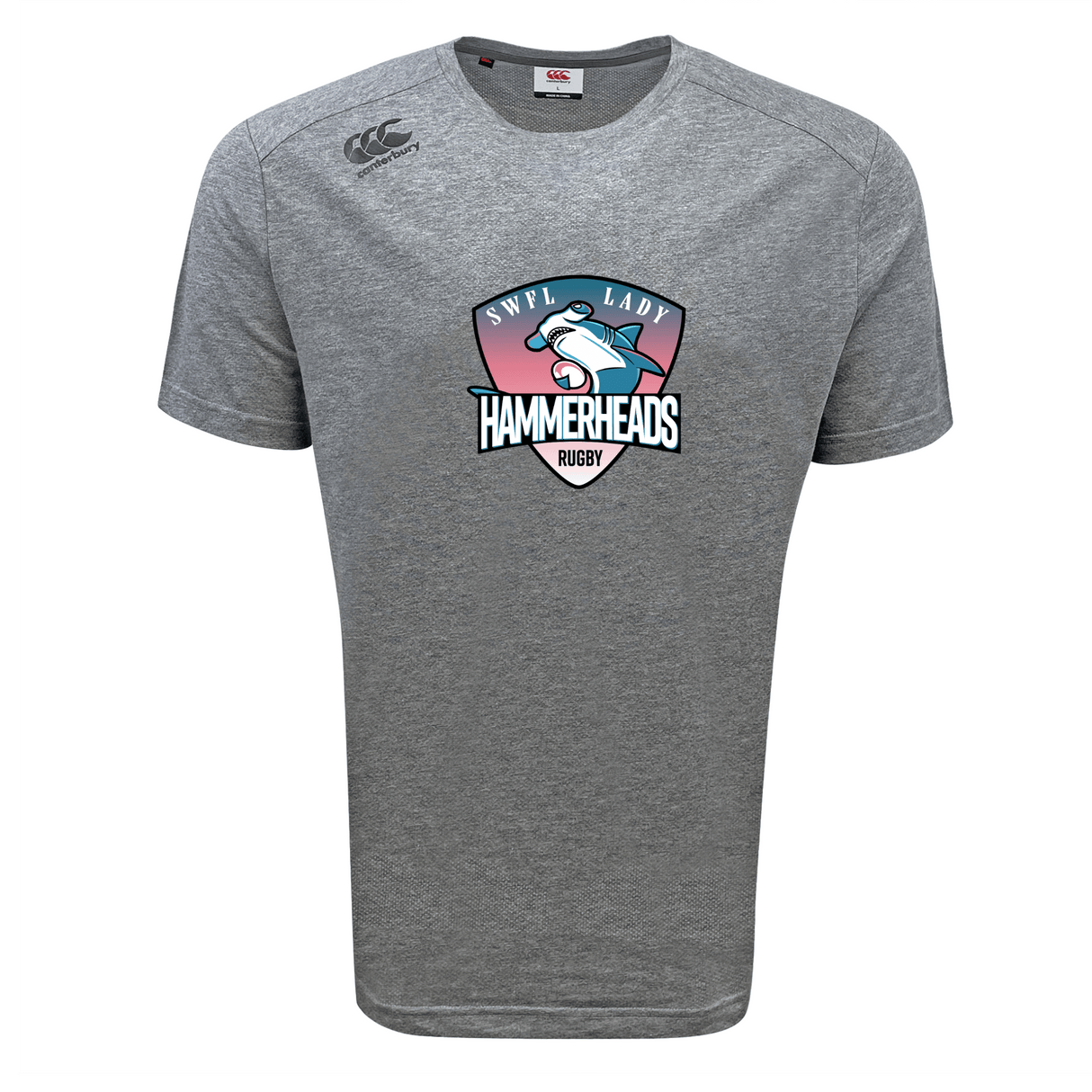 The SWFL Lady Hammerheads Tempo Vapodri T-Shirt by WRS Canterbury is a heather gray short-sleeve sports tee with a hammerhead shark logo, made from moisture-wicking fabric for comfort on and off the field.