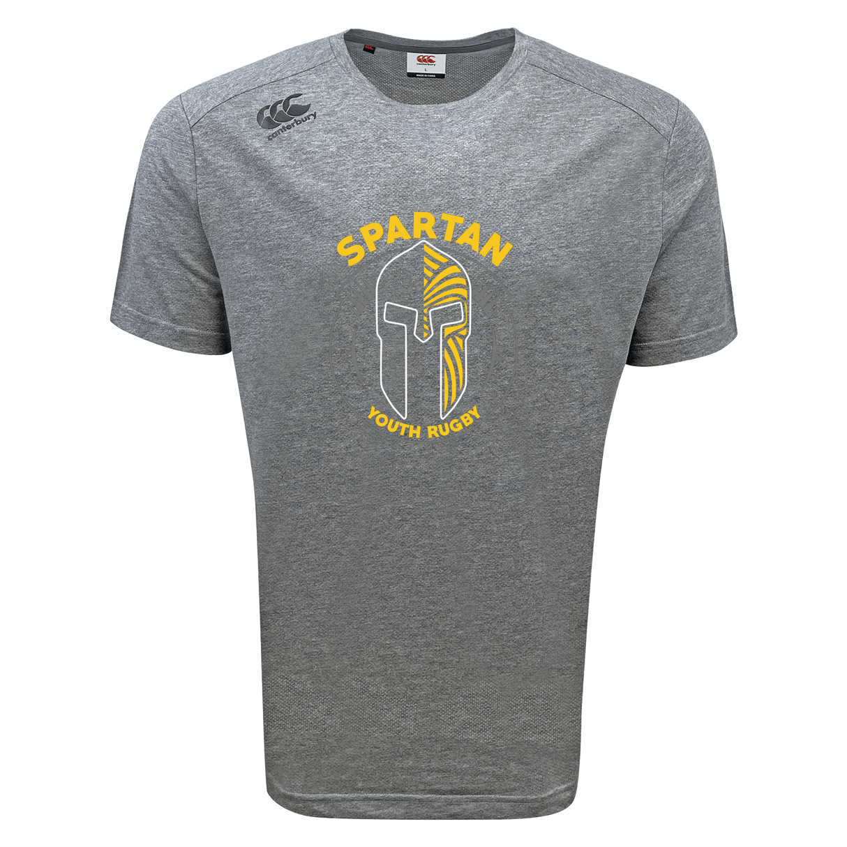 The Spartan Youth Rugby Tempo Vapodri T-Shirt by WRS Canterbury features “SPARTAN YOUTH RUGBY” and a spartan helmet graphic in yellow and white on the front, plus moisture-wicking fabric for comfort during every game.