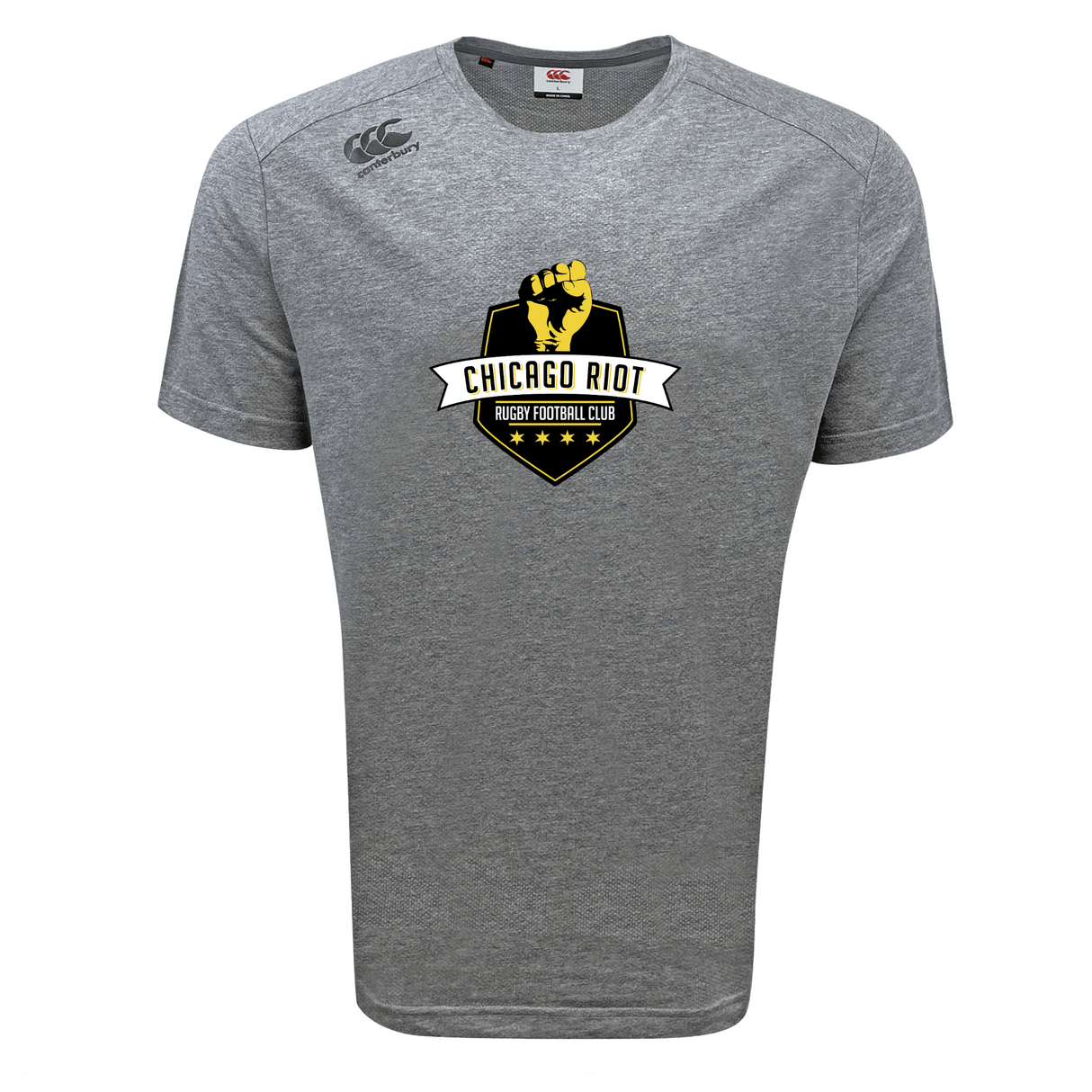The Chicago Riot Tempo Vapodri T-Shirt by WRS Canterbury is a grey, short-sleeve, moisture-wicking sports tee with the "Chicago Riot Rugby Football Club" logo in black and yellow on the front center.