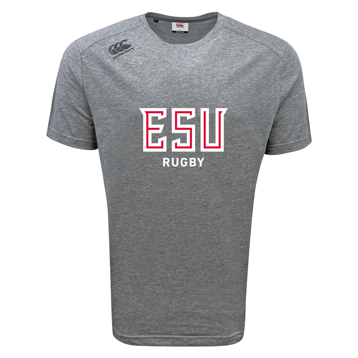 The East Stroudsburg University Tempo Vapodri T-Shirt by WRS Canterbury is a gray short-sleeve athletic tee featuring "ESU Rugby" in bold red and white on the front and a small logo on the right shoulder.