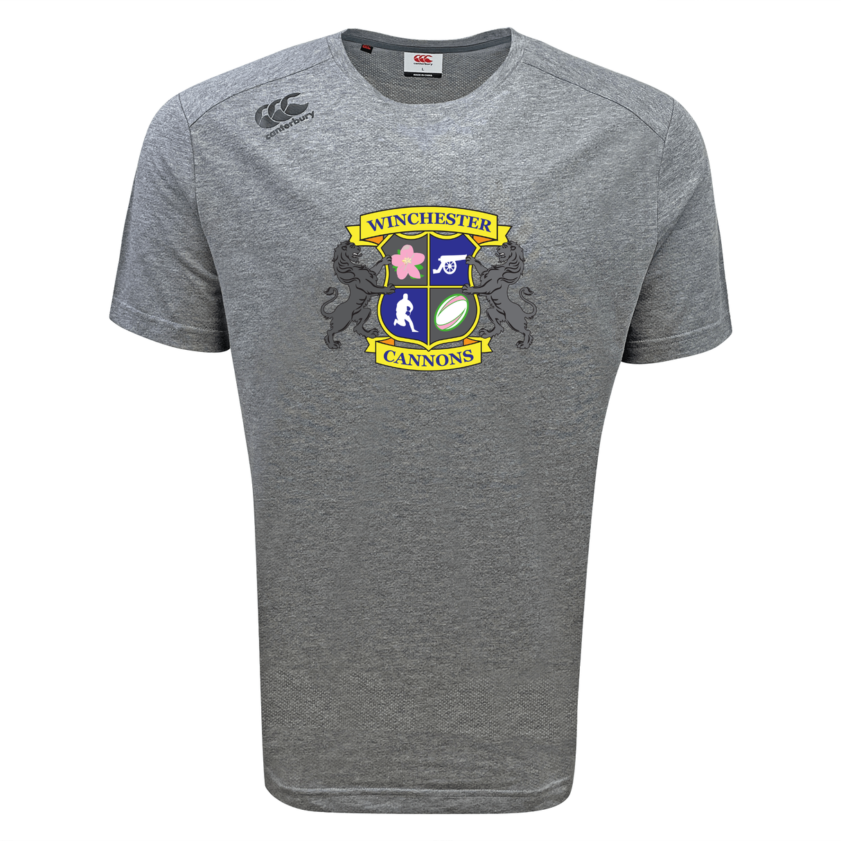 The Winchester Cannons Tempo Vapodri T-Shirt by WRS Canterbury is a grey short-sleeve tee featuring the team crest, sports icons, and lion designs. Made with Vapodri fabric for moisture-wicking comfort during active days.