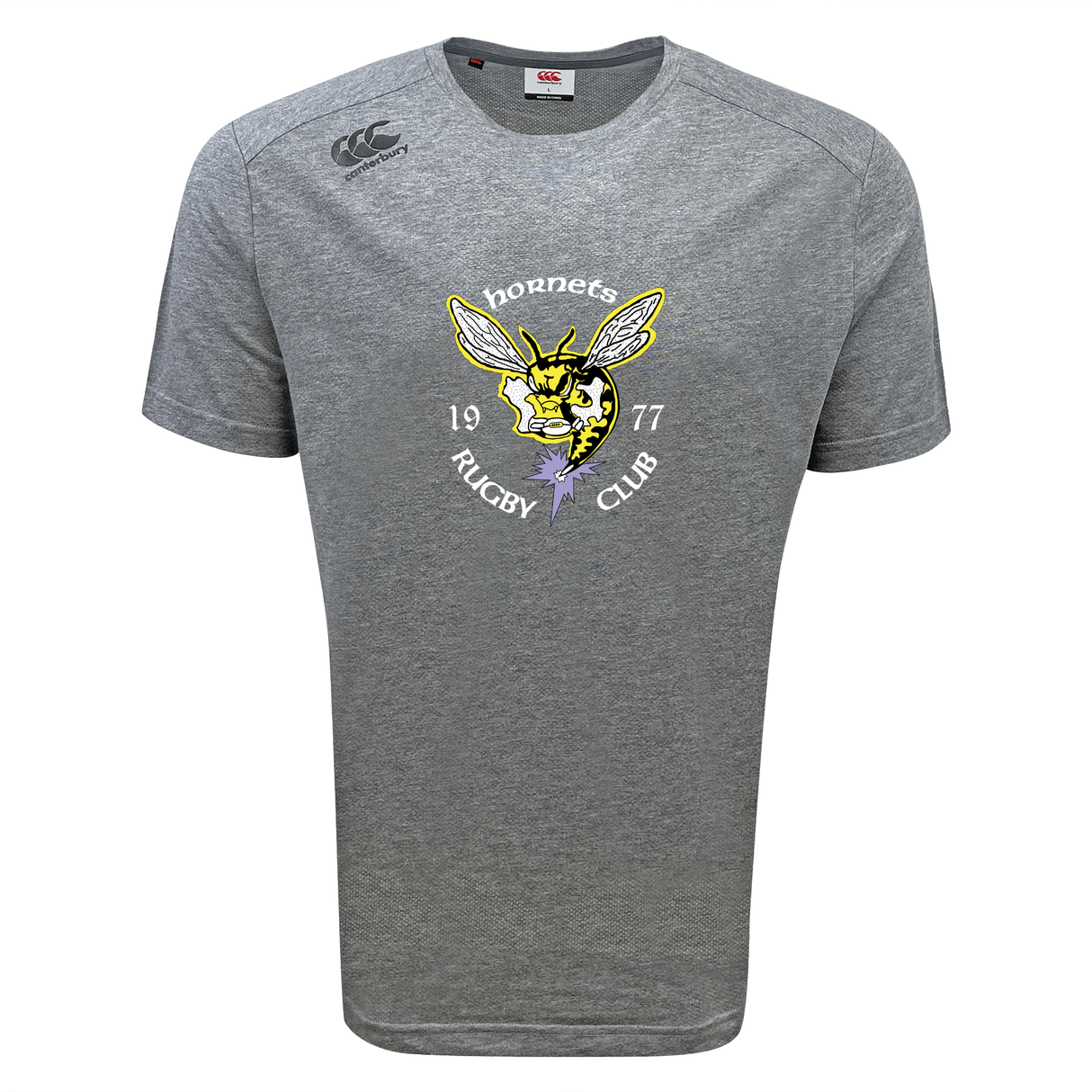 Stay cool and comfortable during every game or workout in the Hornets Rugby Club 1977 Tempo Vapodri T-Shirt by WRS Canterbury. This gray athletic shirt features moisture-wicking Vapodri technology, bold "hornets RUGBY CLUB 1977" text, and a striking yellow hornet graphic on the front, along with a small Canterbury logo on the right shoulder.