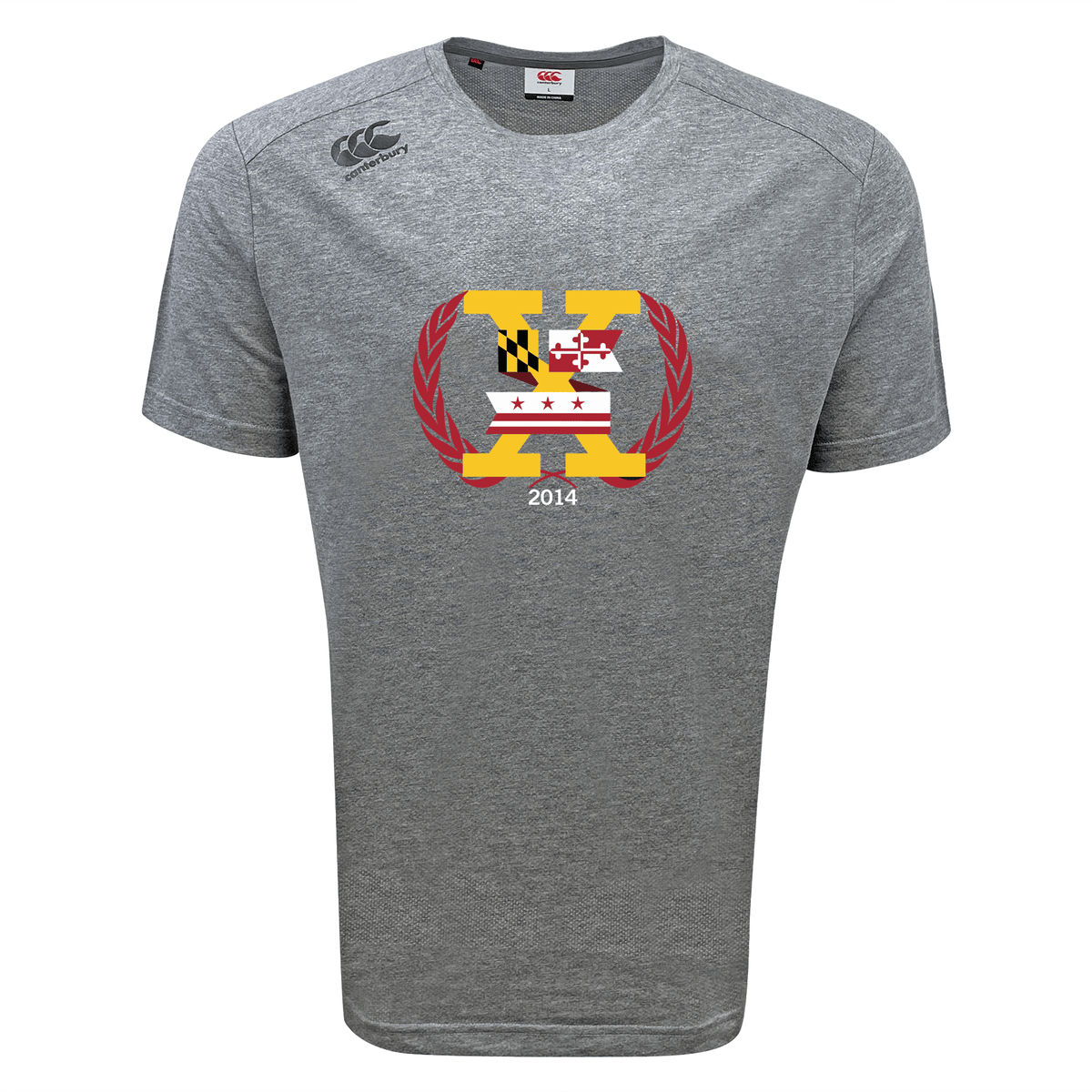 Show your team spirit in the Potomac Exiles Rugby Club Tempo Vapodri T-Shirt by Canterbury. This gray short-sleeve sports tee from WRS Canterbury features a striking "2014" crest design with the Maryland and Washington, D.C. flags on the chest, plus a branded Canterbury logo on the right shoulder. Constructed with advanced Vapodri moisture-wicking fabric, this shirt keeps you cool and comfortable all day long.
