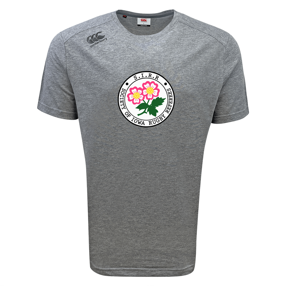 The Society of Iowa Rugby Referees Tempo Vapodri T-Shirt by Canterbury, from WRS Canterbury, is a gray short-sleeve athletic tee featuring a round logo with pink flowers and green leaves at the center, encircled by “S.I.T.R.R. School of Iona Rugby Referees” text. Designed as a moisture-wicking sports shirt, this Vapodri Tee keeps you cool and comfortable on and off the field.